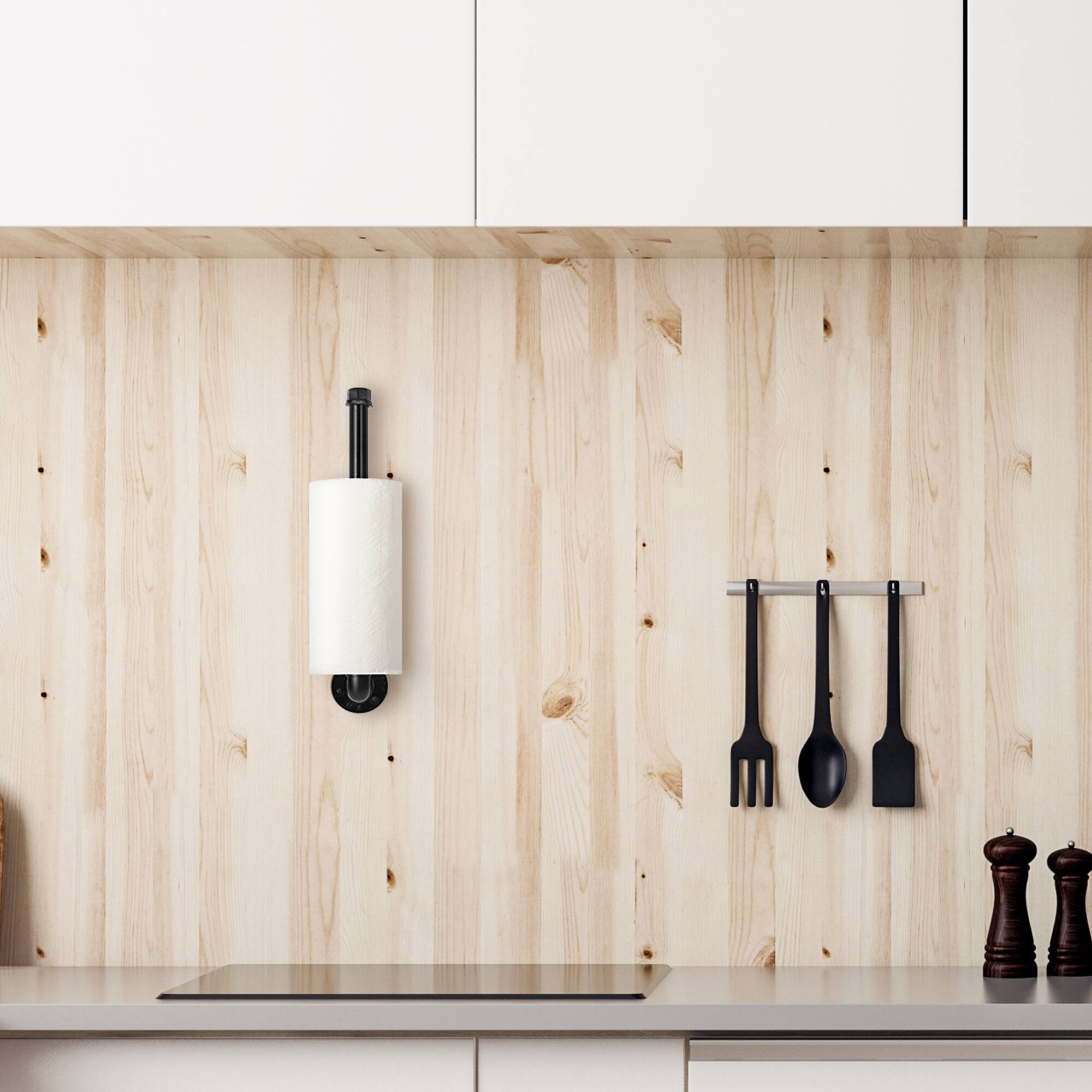 Alt View 2. Oumilen - Industrial Cast Iron Wall Mount Paper Towel Holder, Matte Black Pipe Kitchen Roll Paper Dispenser.