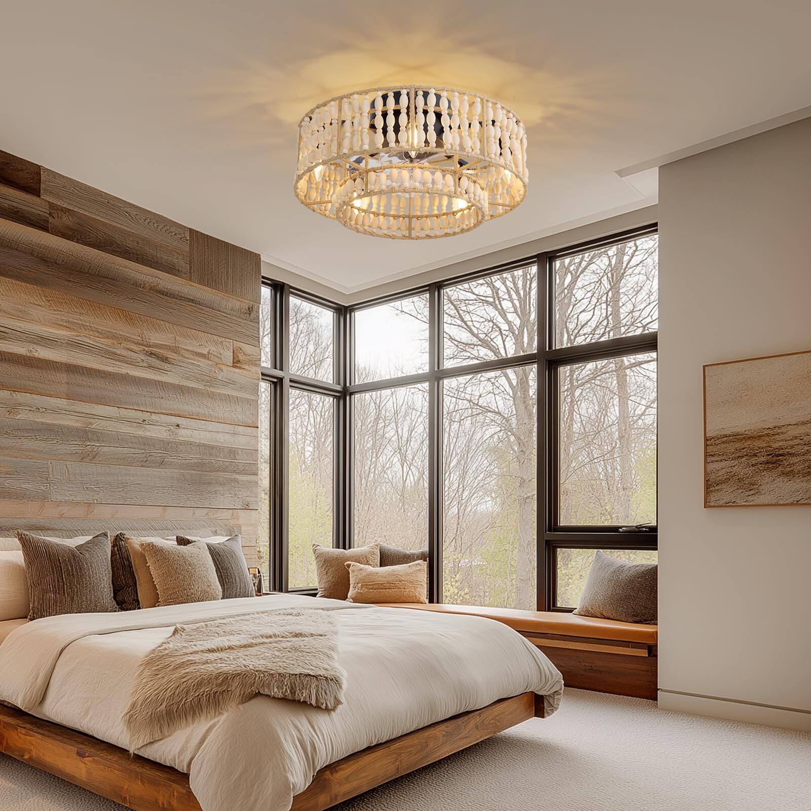 Angle. Siljoy - 20" Boho Wood Beaded Flush Mount Ceiling Fan with Light & Remote - Beads.