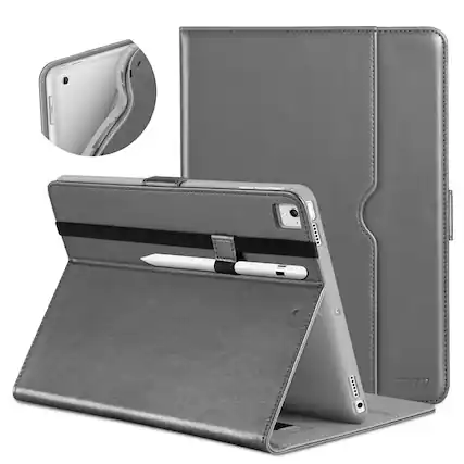 Front. DTTO - for iPad 9.7 Inch 5th/6th Gen 2018/2017 Case with Apple Pencil Holder, Premium Leather Folio Stand Cover Case - Gray.