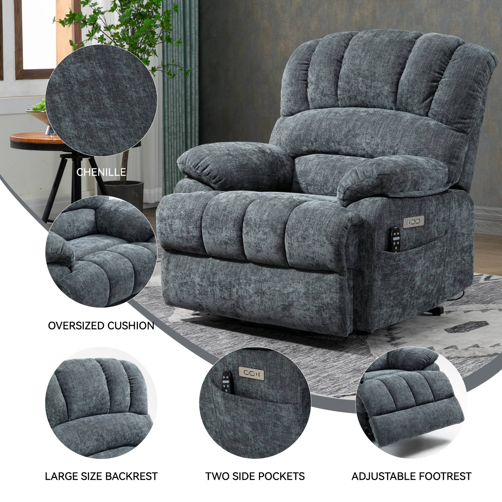 - CHENILLE
- OVERSIZED CUSHION
- LARGE SIZE BACKREST
- TWO SIDE POCKETS
- ADJUSTABLE FOOTREST