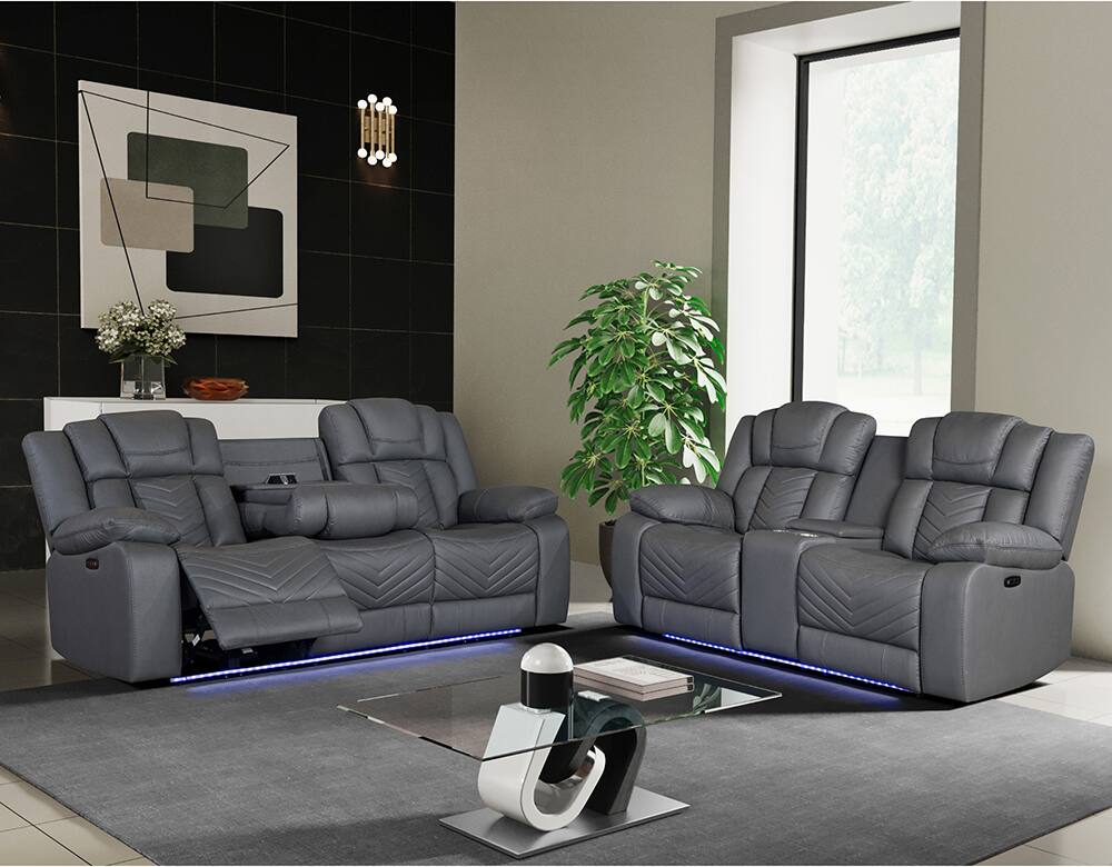 Alt View 1. Global Furniture USA - Ethan Power Reclining Loveseat with LED Lighting, Center Console & Sound - Gray.