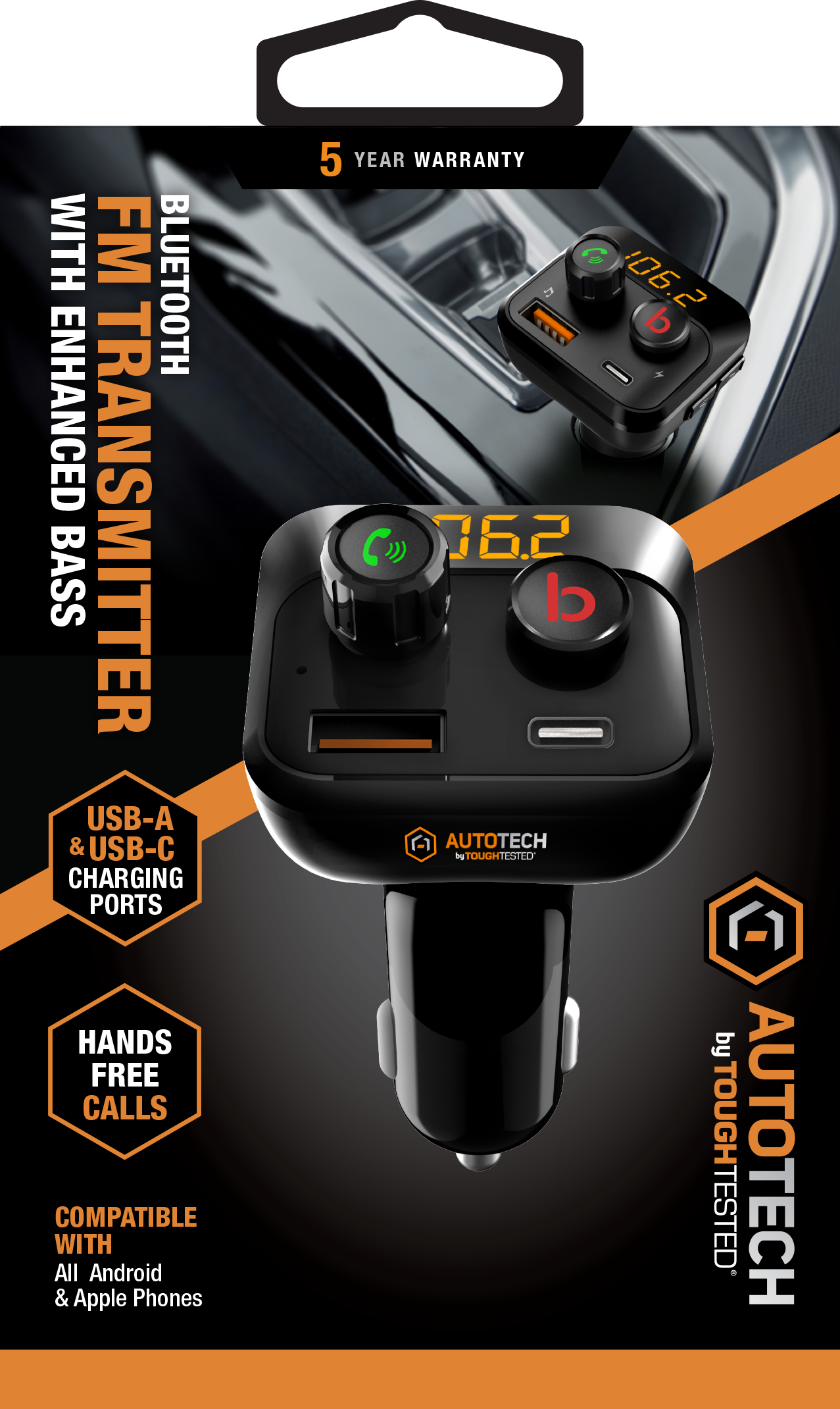 - WITH ENHANCED BASS
- FM TRANSMITTER
- BLUETOOTH
- USB-A & USB-C CHARGING PORTS
- HANDS FREE CALLS
- COMPATIBLE WITH All Android & Apple Phones
- 5 YEAR WARRANTY
- AUTOTECH by TOUGHTESTED