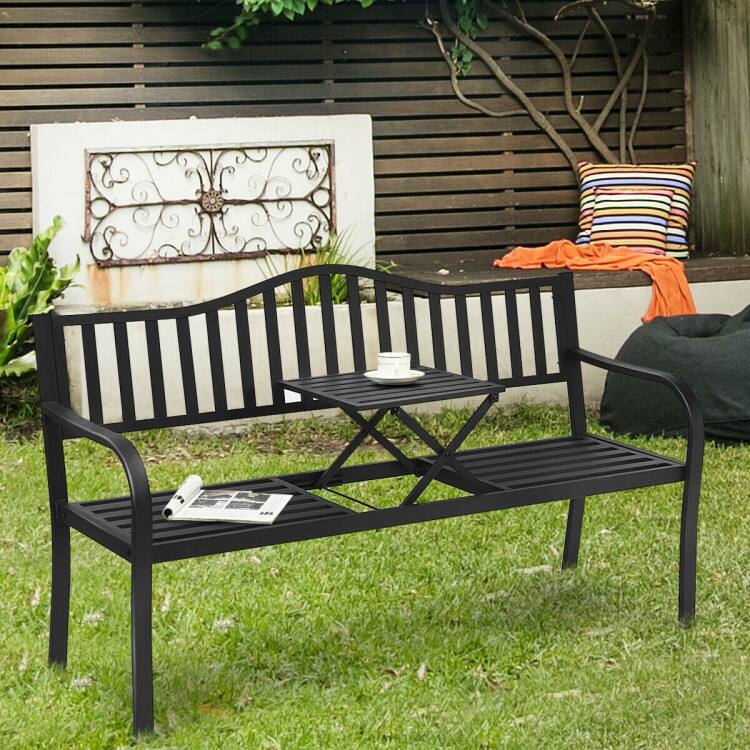 Alt View 1. Mondawe - Patio Garden Bench with Adjustable Center Table, Steel Frame for Outdoor Use - Black.