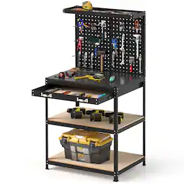 Gymax - 32'' x 16'' Workbench w/ Pegboard 20PCS Tool Hooks Drawer & Open Shelves - Black