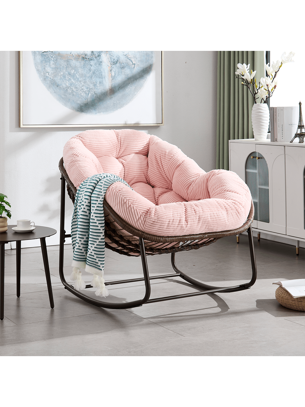 Trinkets Crazed - Outdoor Indoor Rocking Chair With Padded Cushion, Oversized Patio Papasan Rocking Egg Chair - Pink