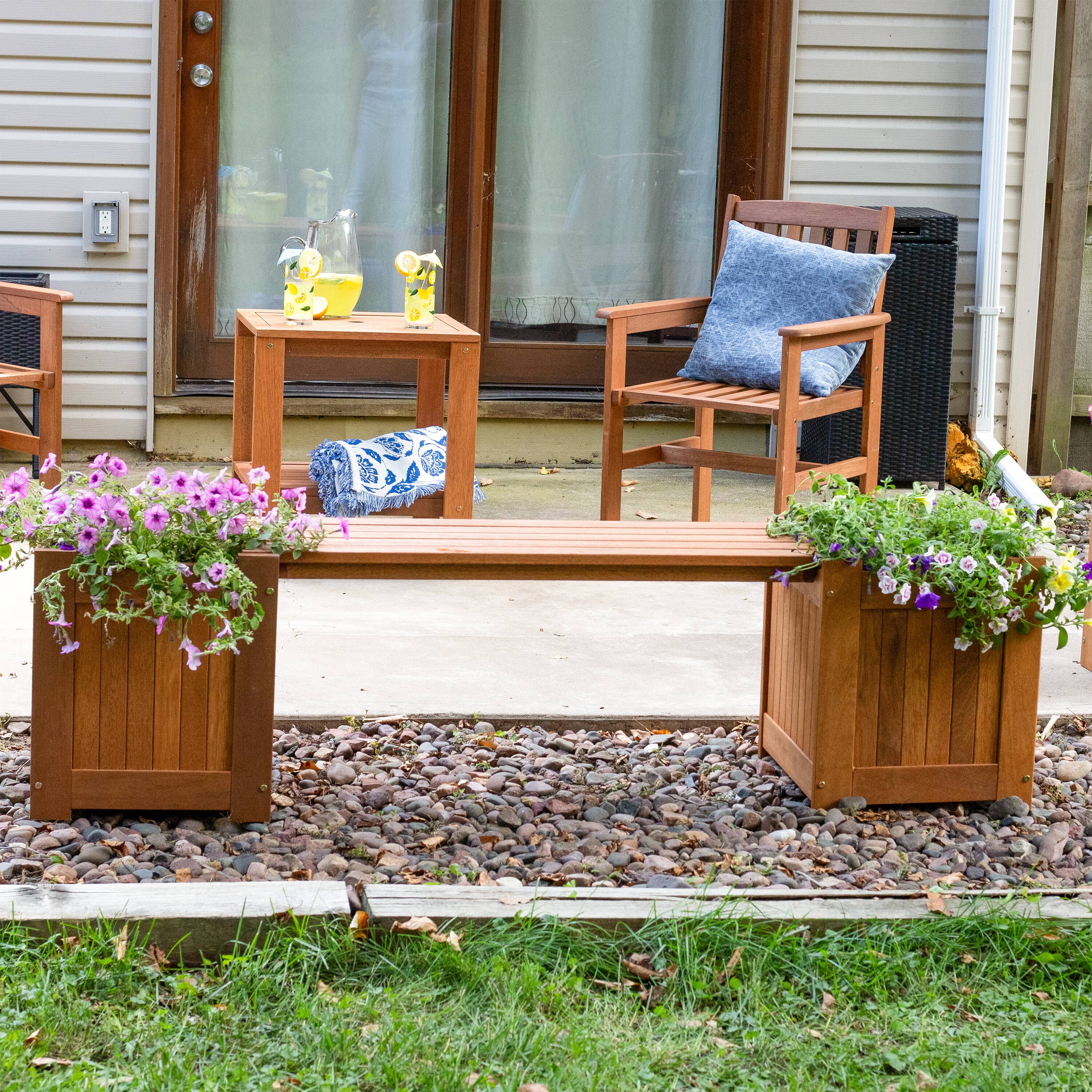 Alt View 5. Sunnydaze - Meranti Wood Outdoor Bench with Planter Boxes - Brown.