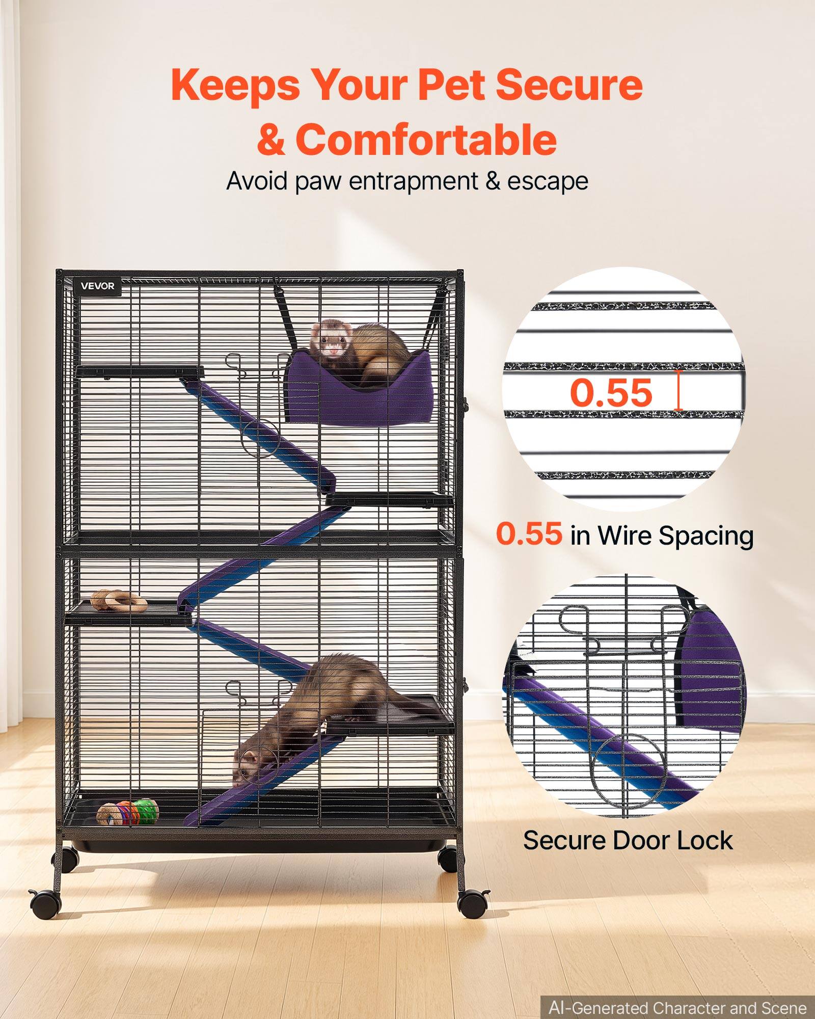 Keeps Your Pet Secure & Comfortable  
Avoid paw entrapment & escape  

VEVOR  
0.55 in Wire Spacing  
Secure Door Lock  

AI-Generated Character and Scene