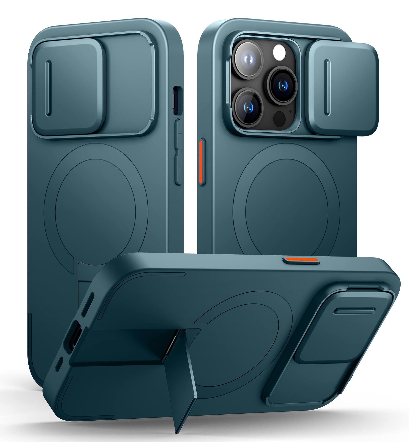 Angle. SURITCH - Bumper Case for iPhone 14 Pro with Camera Cover, Kickstand, Compatible with MagSafe, Shockproof Slim Protective Cover - Lake Green.