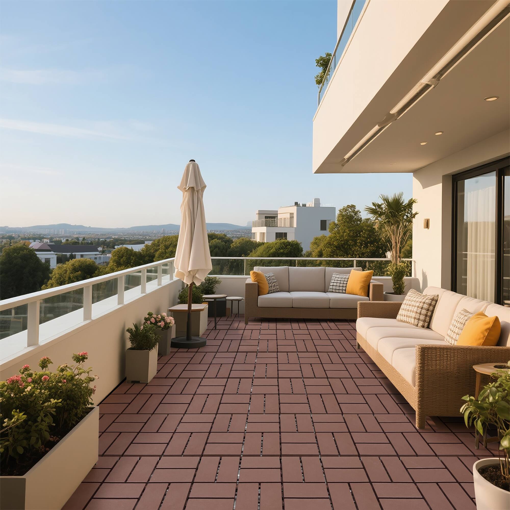 Alt View 4. Loheer - 44-Pack Interlocking 12x12 Inch Waterproof Decking Tiles for Patio Balcony Poolside - Brown.