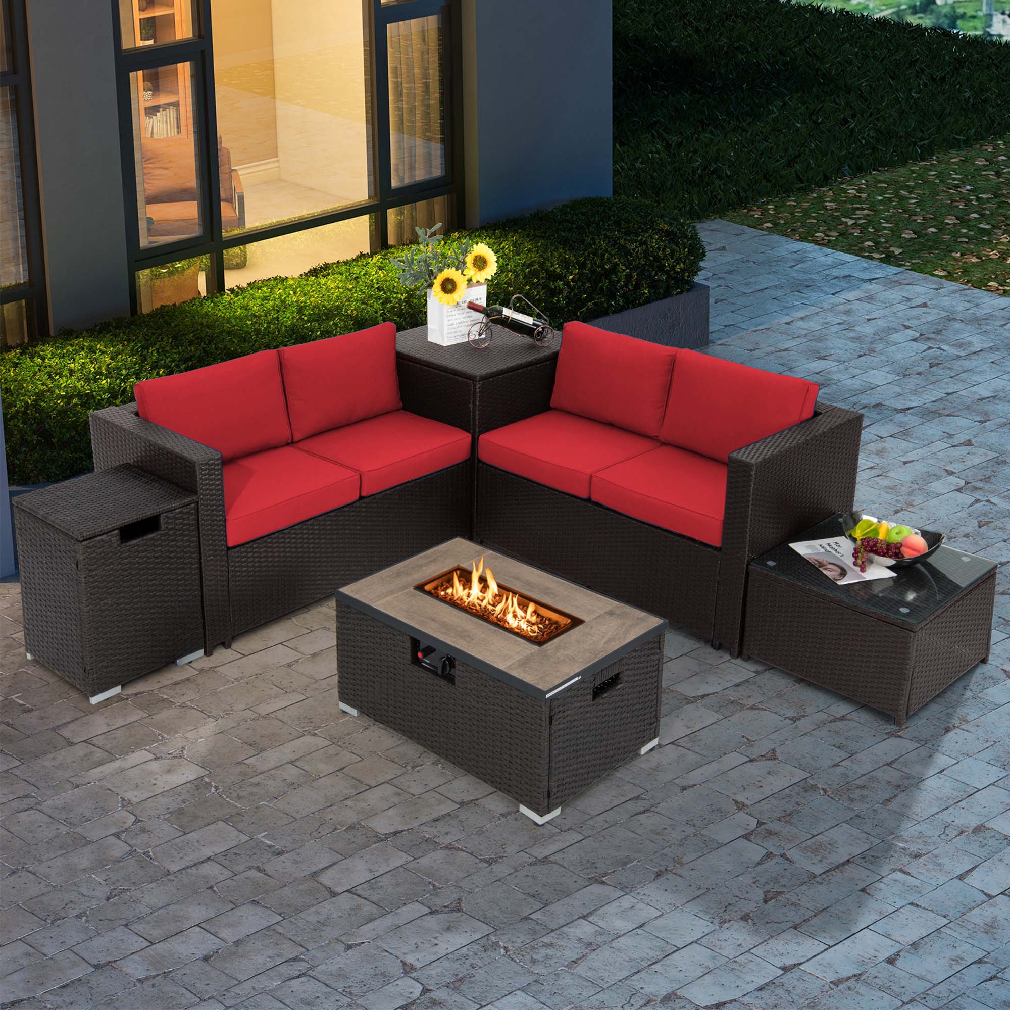 Alt View 2. Costway - Costway 6PCS Patio Rattan Furniture Set 32" Fire Pit Table Tank Holder - Red.