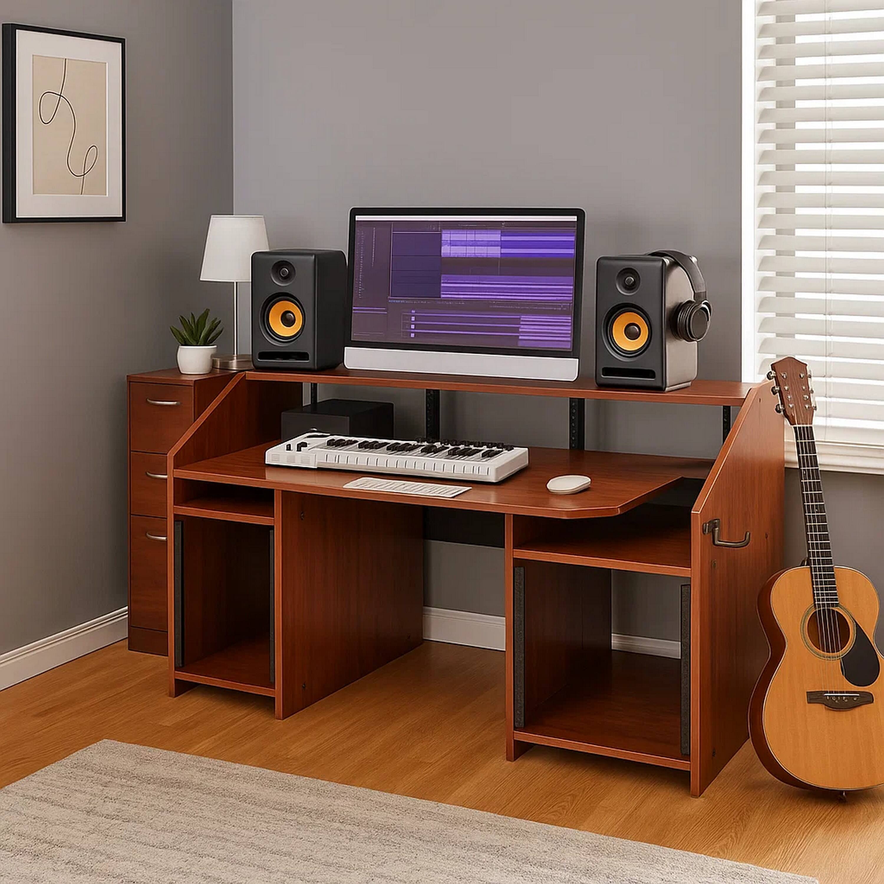 Alt View 3. Manhattan Lane - 71 Inch Wood Music Desk Studio Workstation, 3 Shelves, Cherry Brown - Brown.