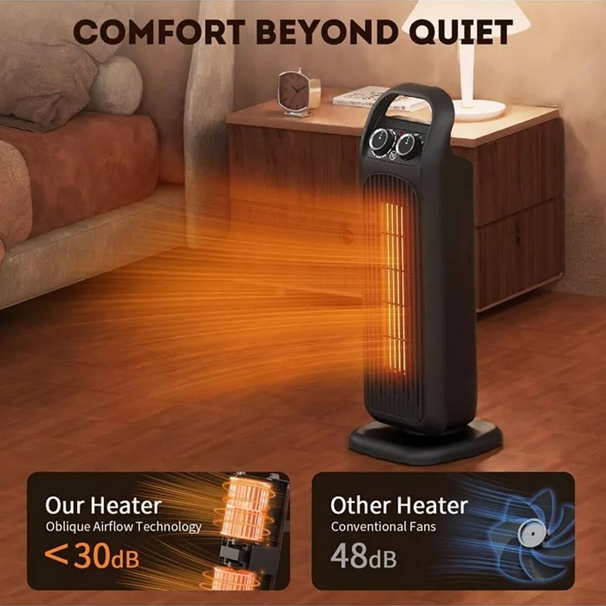 COMFORT BEYOND QUIET

Our Heater  
Oblique Airflow Technology  
< 30dB

Other Heater  
Conventional Fans  
48dB