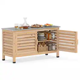 Costway - 2-Door Potting Table with Stainless Steel Countertop Fir Wood Frame L-Shaped Shelf - Natural + Silver