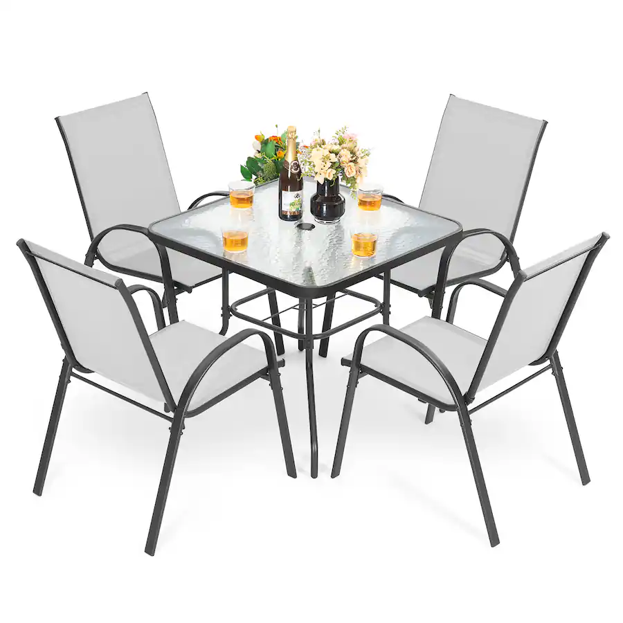 Nuu Garden 5 Piece Metal and Textilene Outdoor Dining Set, 4 Stackable ...