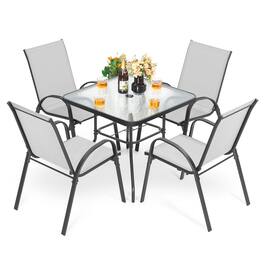 Nuu Garden - 5PCS Metal Outdoor Dining Set, 4 Stackable Chairs and Tempered Glass Table with Umbrella Hole - Gray/Black