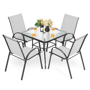 4 piece metal and glass umbrella patio set PHI VILLA Furniture with for 4,Swivel Mesh Dining Chairs and backrests Commercial Patio Dining Set with