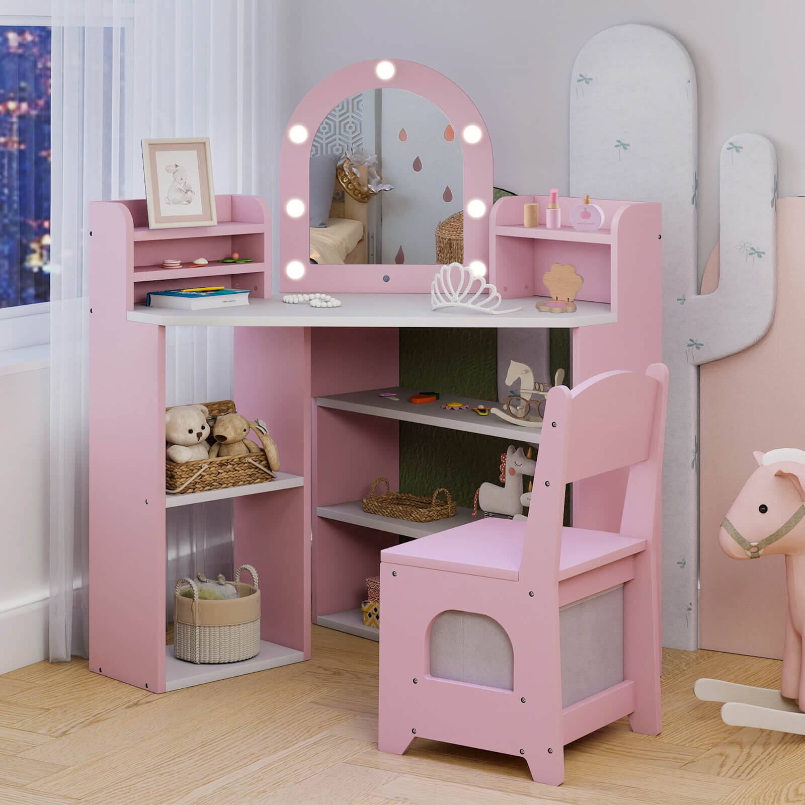Alt View 3. Costway - Costway Corner Kids Vanity with Lights, 3 Storage Shelves, 5 Open Compartments, Accessories - Pink + White.