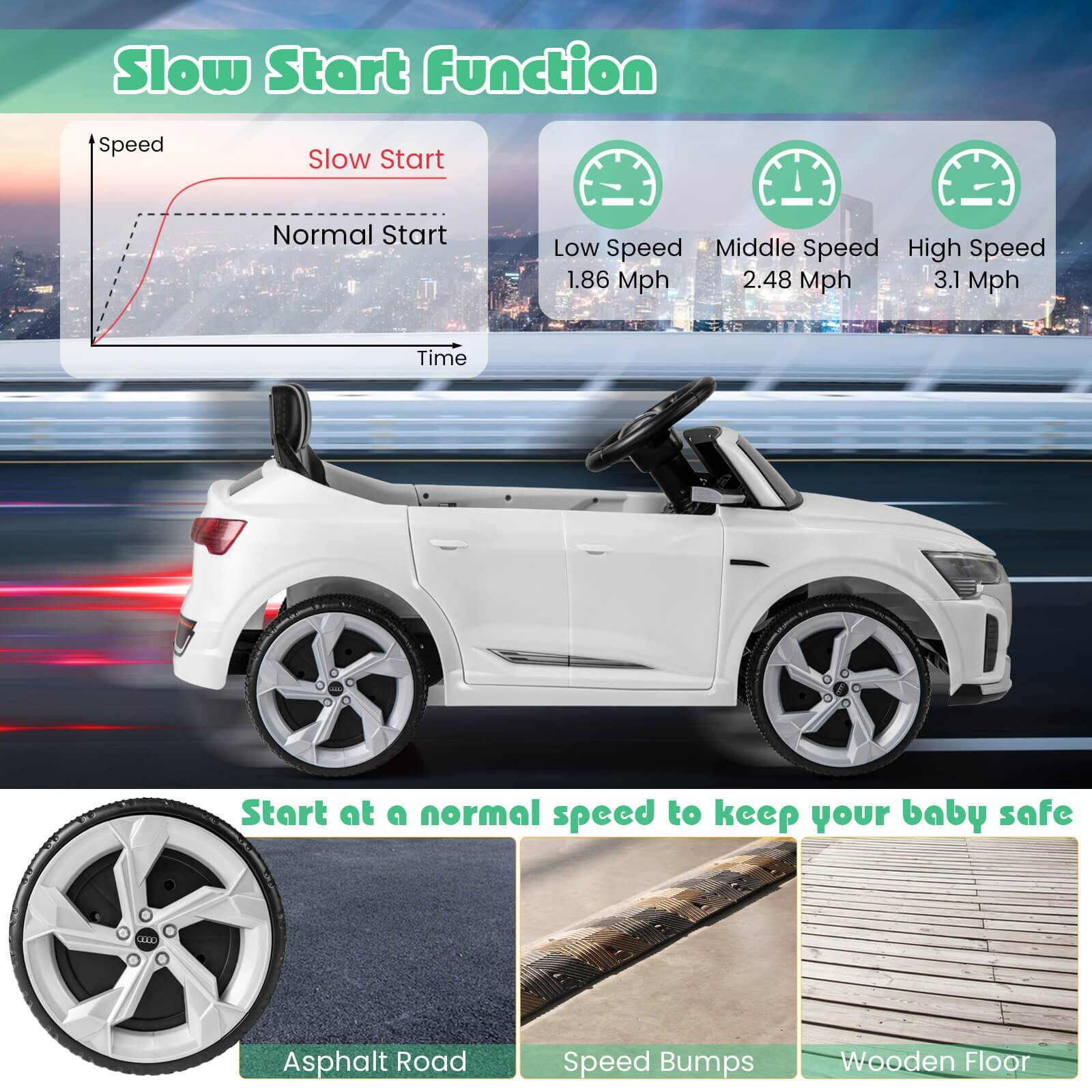 Slow Start Function

Speed  
Slow Start  
Normal Start  
Time

Low Speed  
1.86 Mph

Middle Speed  
2.48 Mph

High Speed  
3.1 Mph

Start at a normal speed to keep your baby safe

Asphalt Road  
Speed Bumps  
Wooden Floor