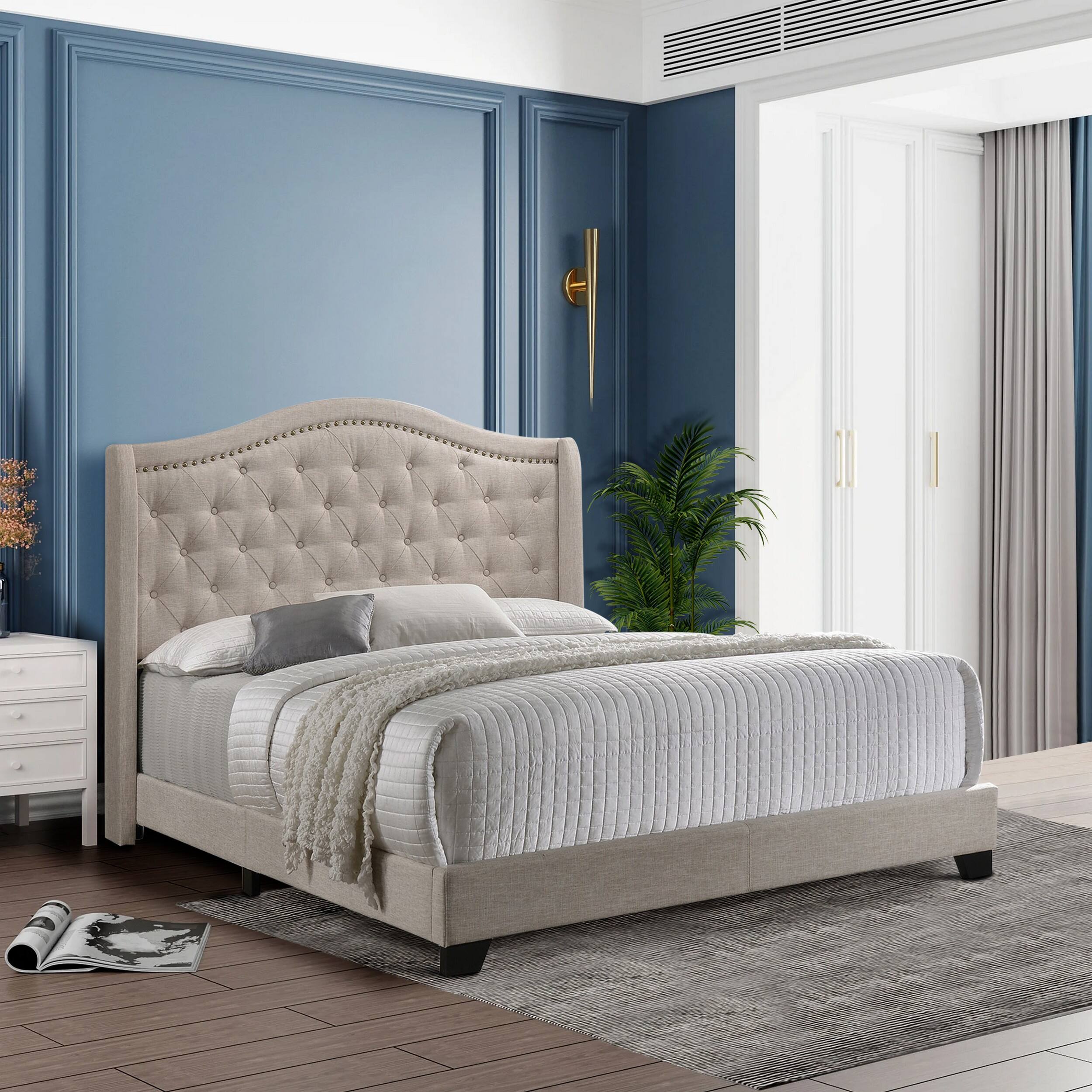 Alt View 5. Manhattan Lane - Queen Size Bed, Beige Fabric Upholstered, Camel Back, Button Tufted - Beige.