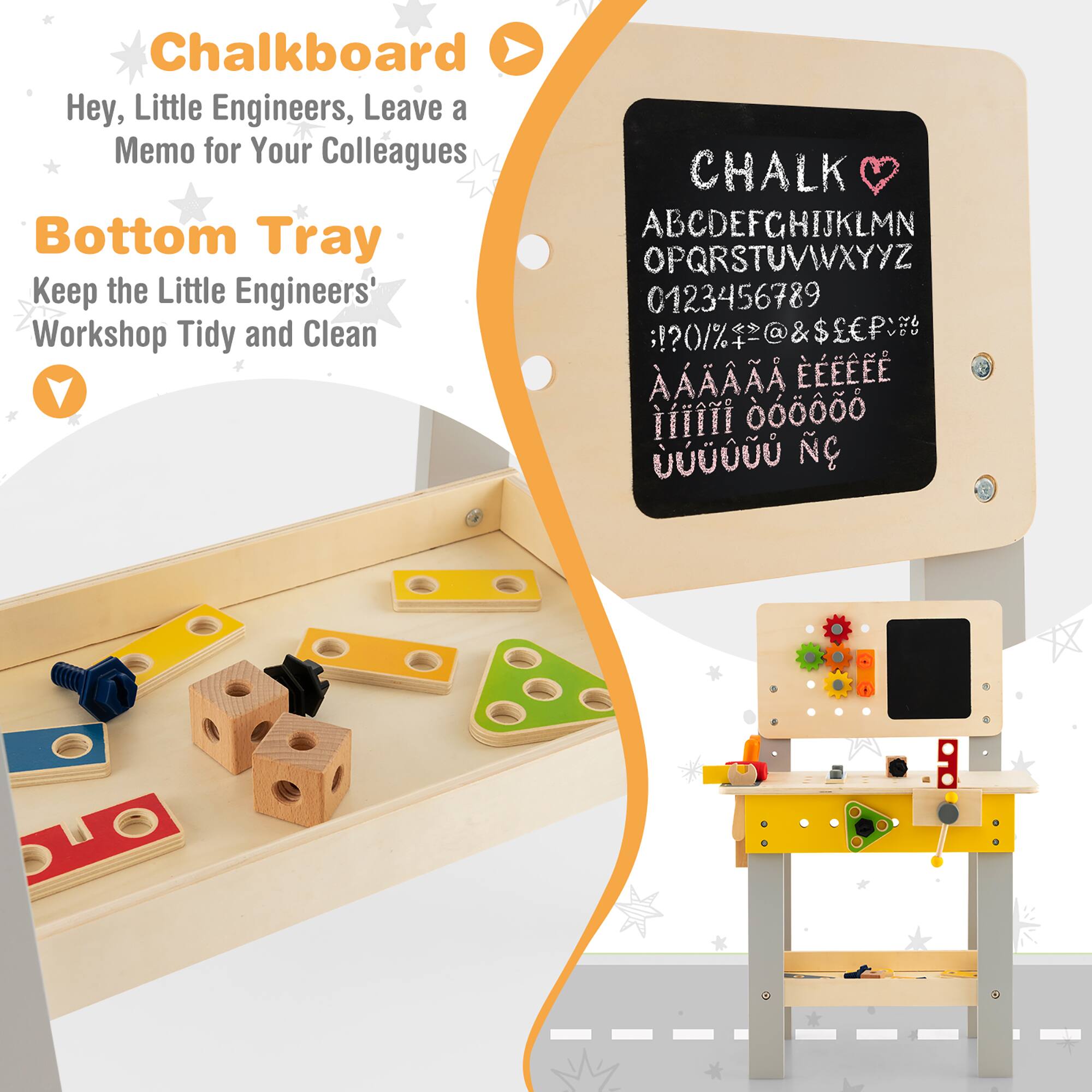 Chalkboard  
Hey, Little Engineers, Leave a Memo for Your Colleagues  

Bottom Tray  
Keep the Little Engineers' Workshop Tidy and Clean  

CHALK  
ABCDEFGHIJKLMNOPQRSTUVWXYZ  
0123456789  
!?/0%@$&£€  
AAAAA EEEEE  
iiii 00000  
UUUUU N