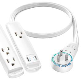 Maximm - Extension Cord with USB Ports 1FT, 360° Rotating Flat Plug, 3-Outlet with USB Ports (2 Ports), 3 Prong, UL Certified - White