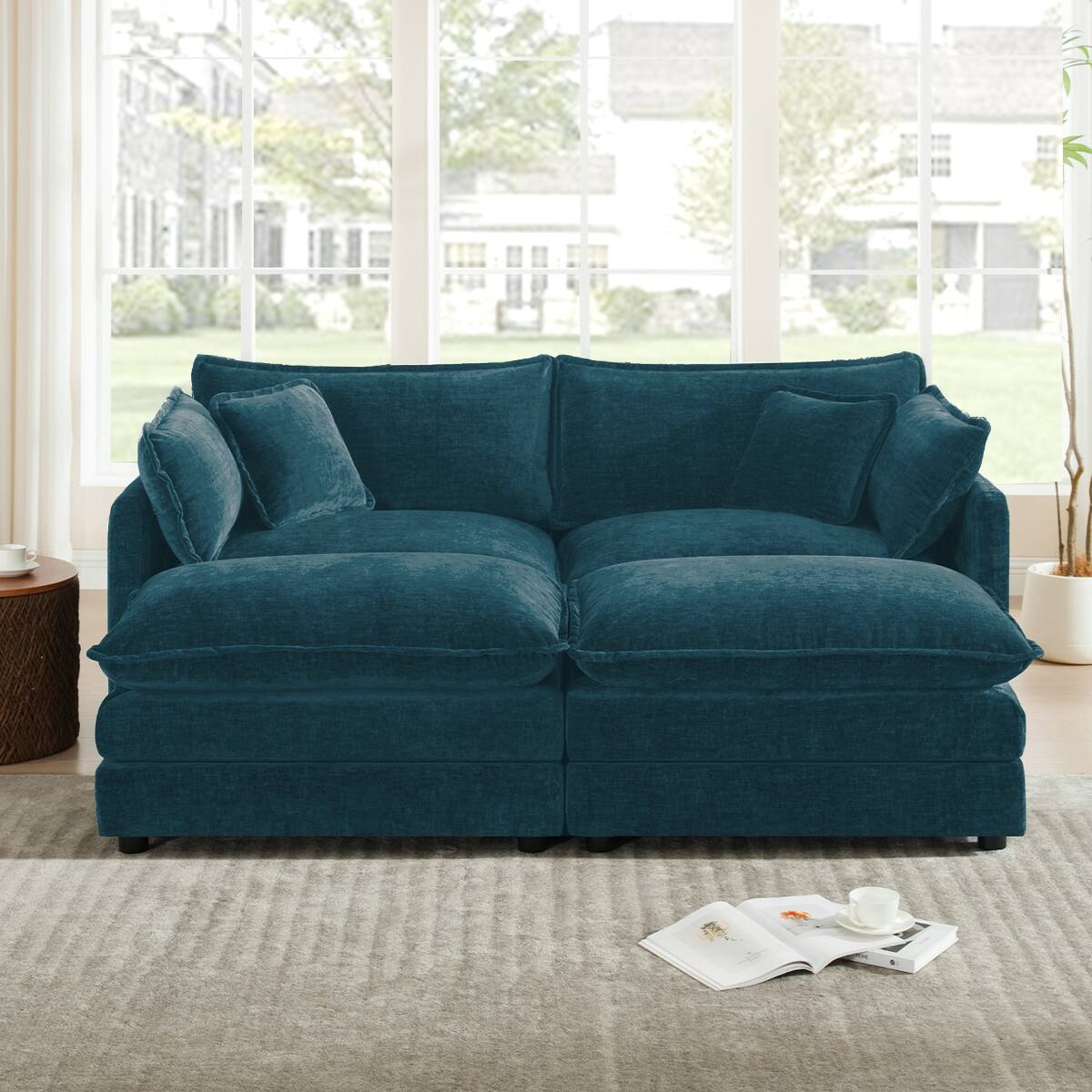 Front. Ropilly - Ropilly Blue Chenille Sectional Sofa with Ottomans, Modular Upholstered Loveseat Lounge - Blue.
