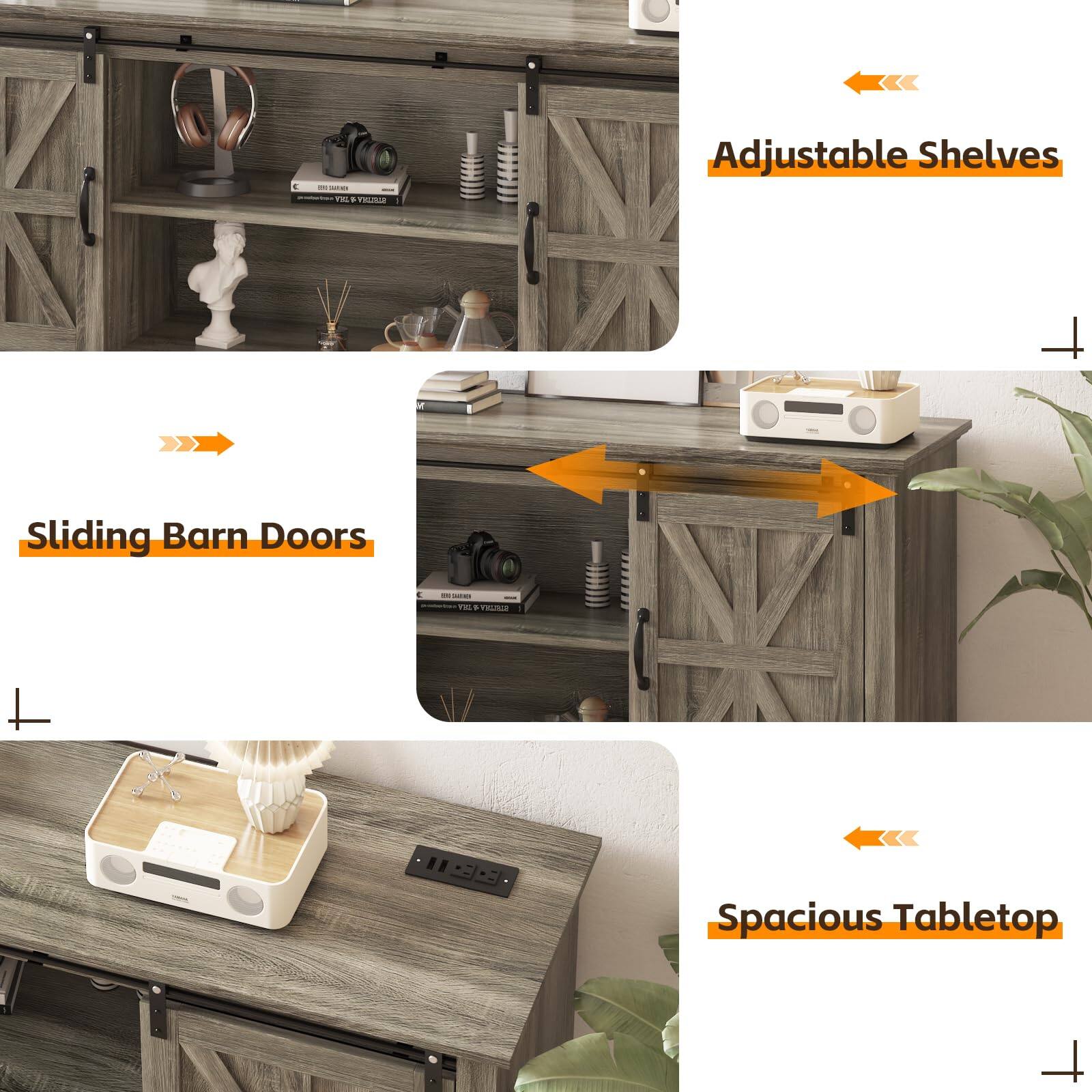 - Adjustable Shelves
- Sliding Barn Doors
- Spacious Tabletop