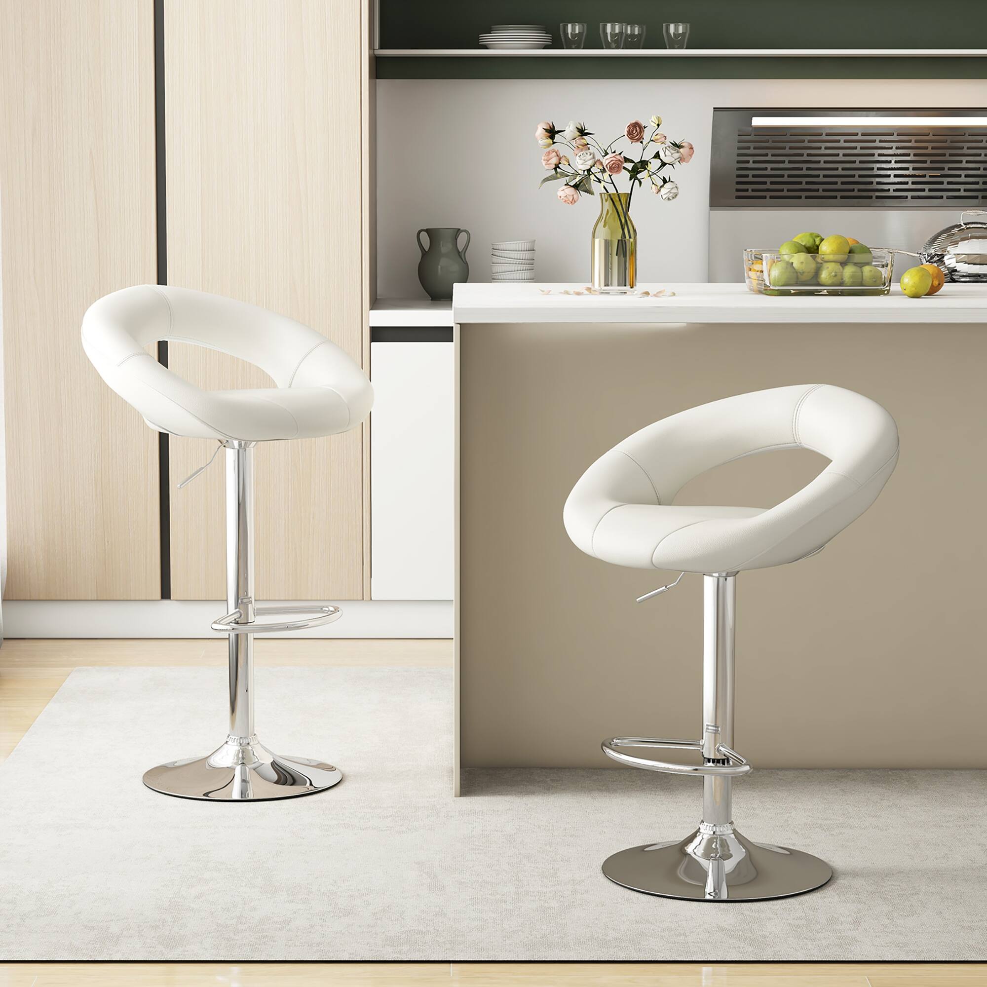 Alt View 4. Gymax - Gymax Set of 2 Bar Stools Adjustable PU Leather Barstools Swivel Pub Chairs White - white.