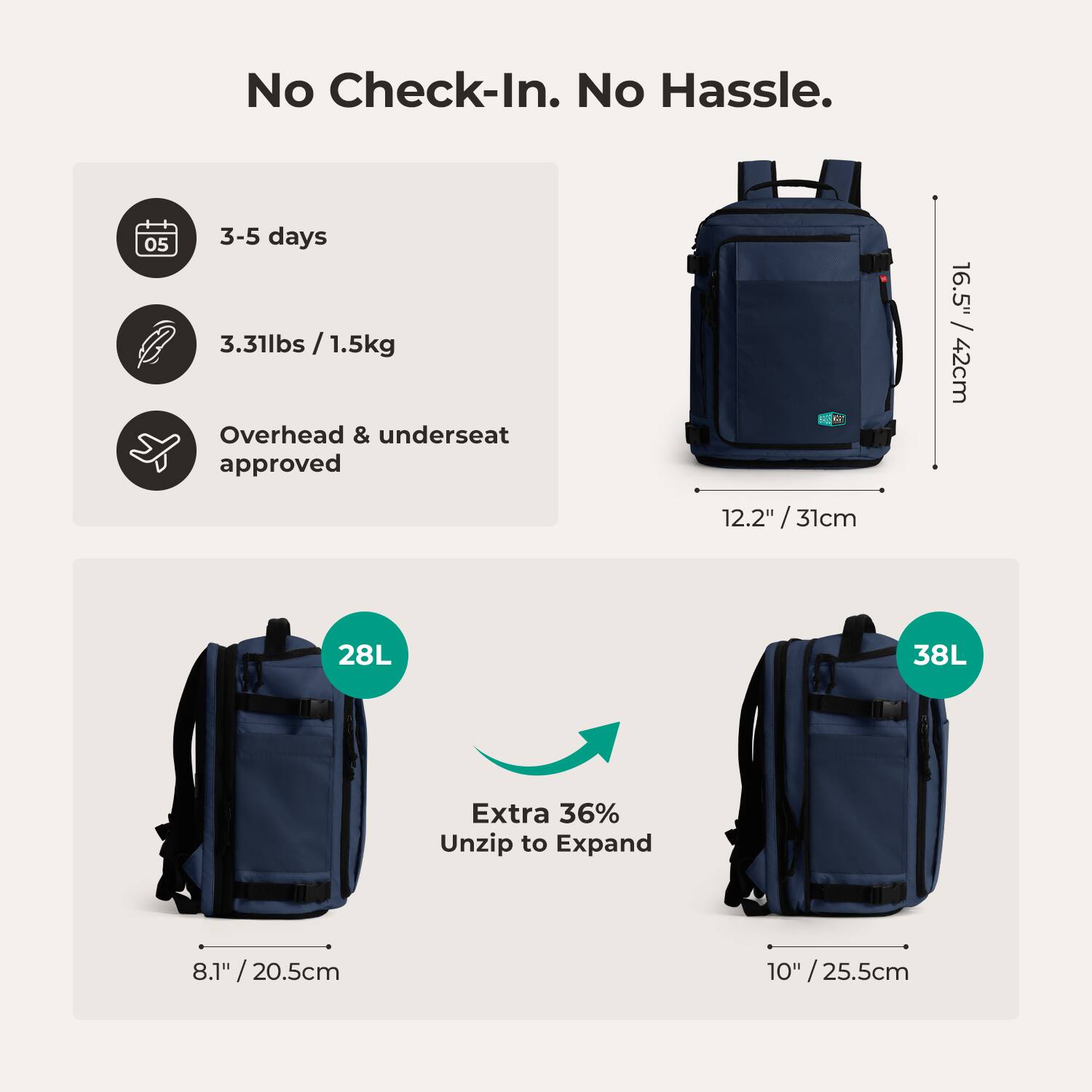 No Check-In. No Hassle.  
3-5 days  
3.31lbs / 1.5kg  
Overhead & underseat approved  
16.5" / 42cm  
12.2" / 31cm  
28L  
Extra 36% Unzip to Expand  
8.1" / 20.5cm  
10" / 25.5cm  
38L