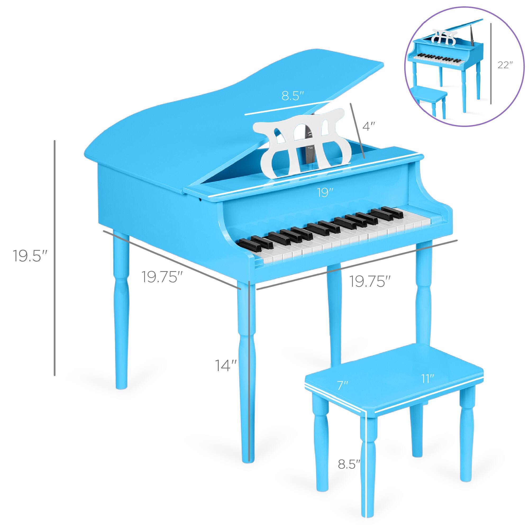 - Height: 19.5"
- Width: 19"
- Depth: 19.75"
- Height of the bench: 14"
- Width of the bench: 11"
- Depth of the bench: 7"
- Height of the piano lid: 8.5"
- Width of the piano lid: 4"
- Overall height of the piano: 22"