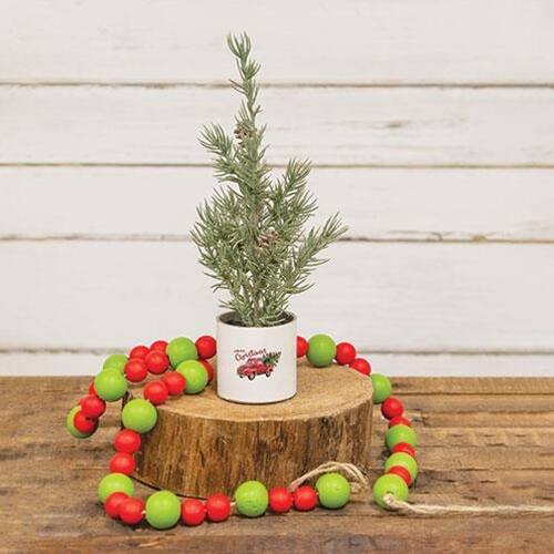 Angle. BreeBe - Mini Alpine Tree In "Merry Christmas" Truck Pot - Green, White, Red.