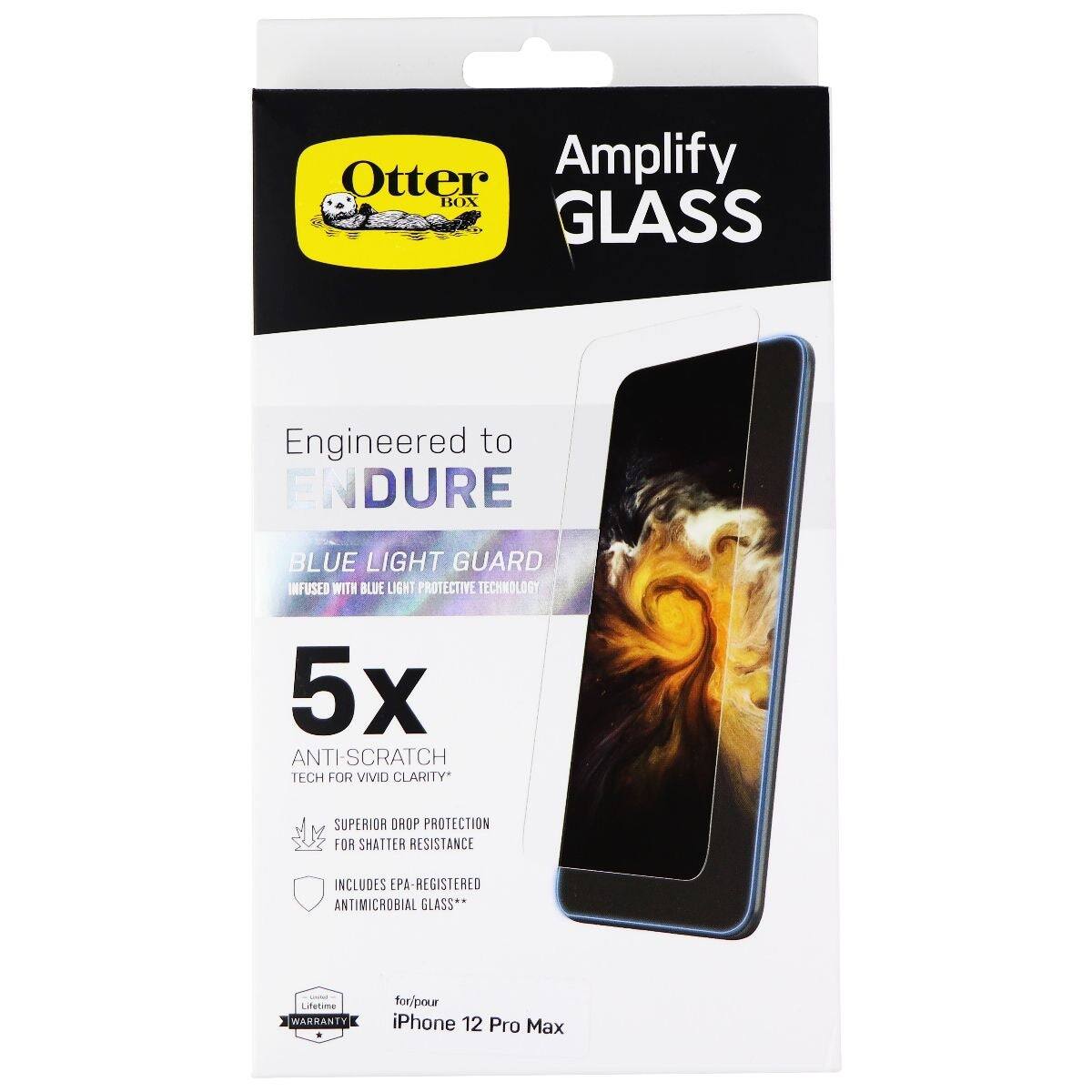 Otter Amplify BOX GLASS  
Engineered to ENDURE  
BLUE LIGHT GUARD INFUSED WITH BLUE LIGHT PROTECTIVE TECHNOLOGY  
5x ANTI-SCRATCH TECH FOR VIVID CLARITY*  
SUPERIOR DROP PROTECTION FOR SHATTER RESISTANCE  
INCLUDES EPA-REGISTERED ANTIMICROBIAL GLASS**  
Lifetime WARRANTY for iPhone 12 Pro Max