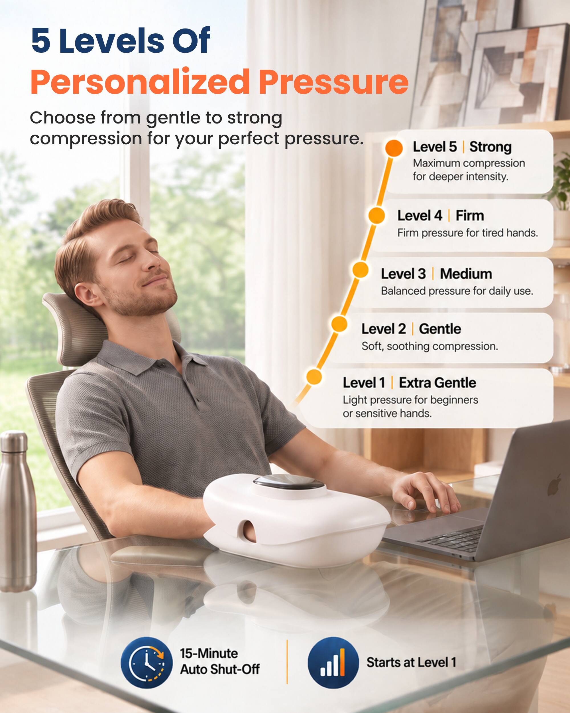 5 Levels Of Personalized Pressure

Choose from gentle to strong compression for your perfect pressure.

Level 5 | Strong
Maximum compression for deeper intensity.

Level 4 | Firm
Firm pressure for tired hands.

Level 3 | Medium
Balanced pressure for daily use.

Level 2 | Gentle
Soft, soothing compression.

Level 1 | Extra Gentle
Light pressure for beginners or sensitive hands.

15-Minute Auto Shut-Off

Starts at Level 1