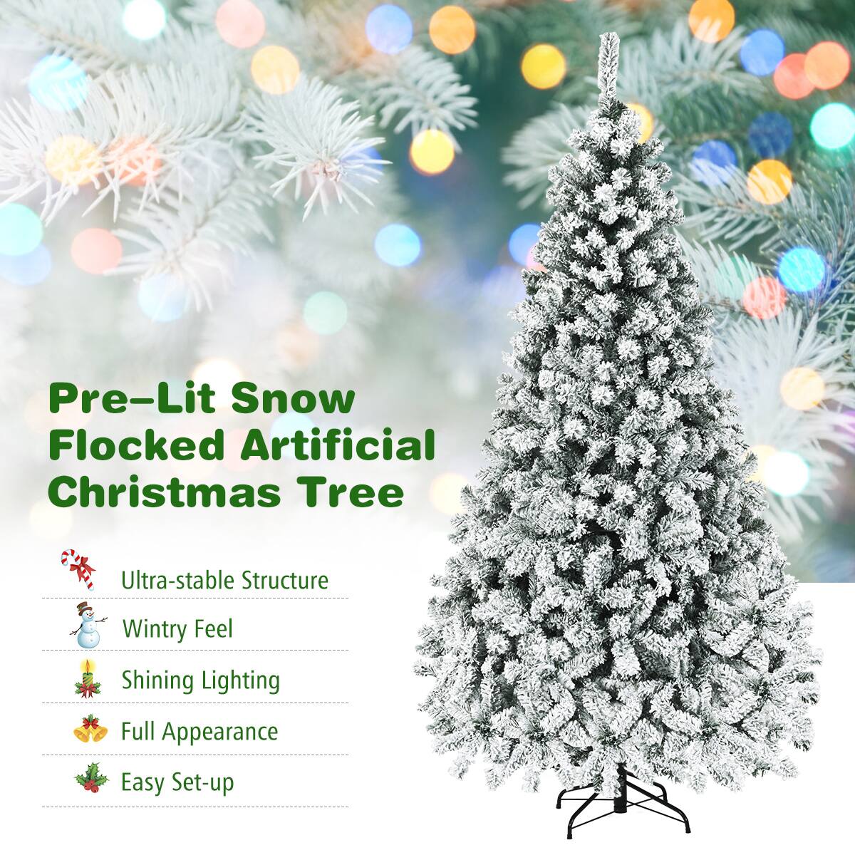 Pre-Lit Snow Flocked Artificial Christmas Tree: Ultra-stable Structure, Wintry Feel, Shining Lighting, Full Appearance, Easy Set-up.