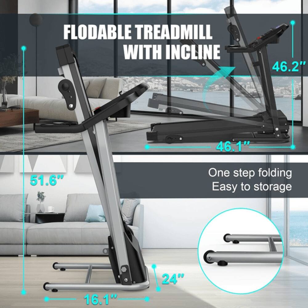 FLODABLE TREADMILL WITH INCLINE  
46.2" 46.1" 51.6"  
One step folding Easy to storage  
16.1" 24"