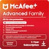 McAfee TM Advanced Family All-in-one protection AI Powered by McAfee Smart AI: $1 million ID theft coverage & restoration, Personal data removal, Secure VPN, Antivirus and scam protection, Parental controls. Subscription automatically renews. A payment method is required to activate - cancel - cancel at any time. Unlimited Devices. 1-Year Subscription.
