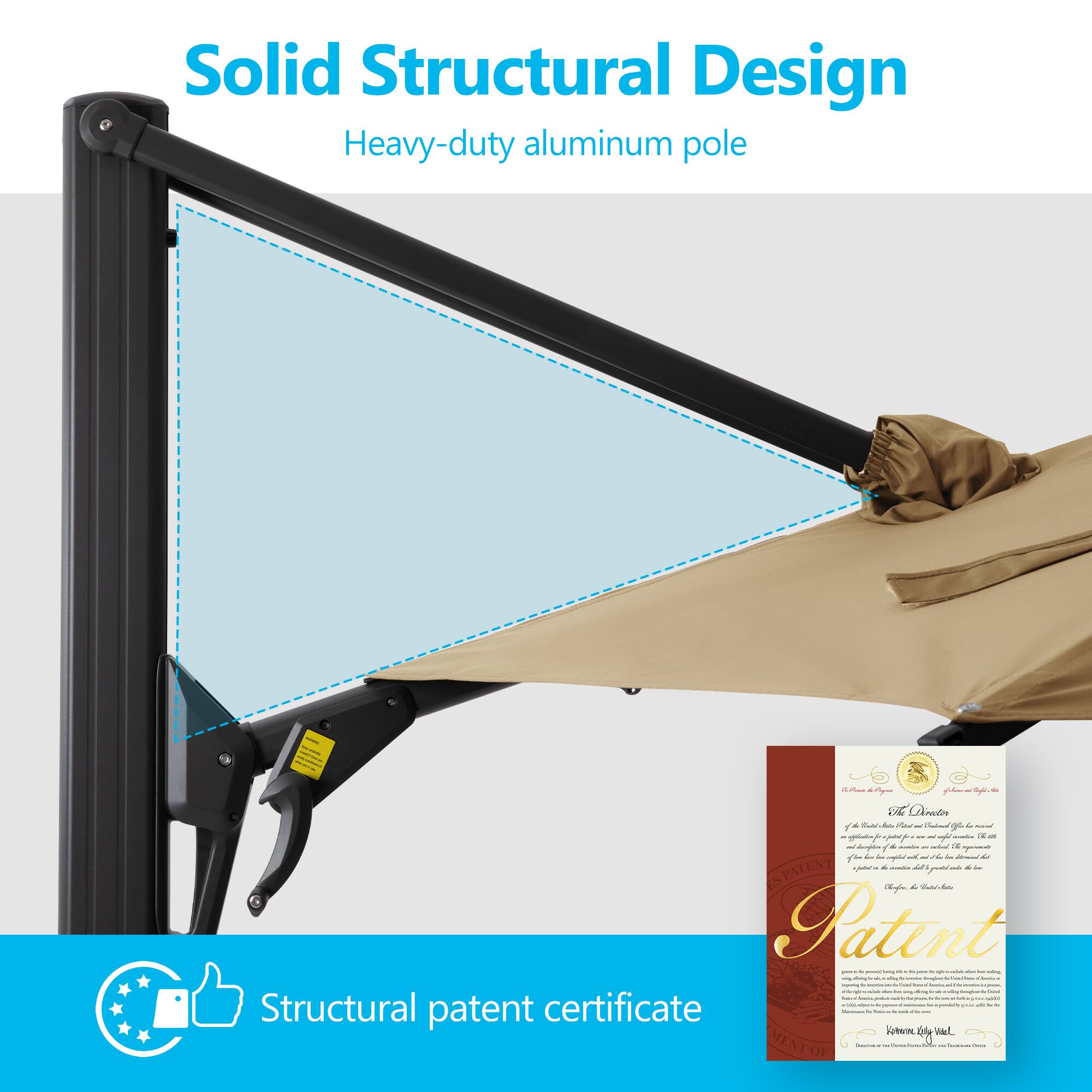 Solid Structural Design  
Heavy-duty aluminum pole  

Structural patent certificate