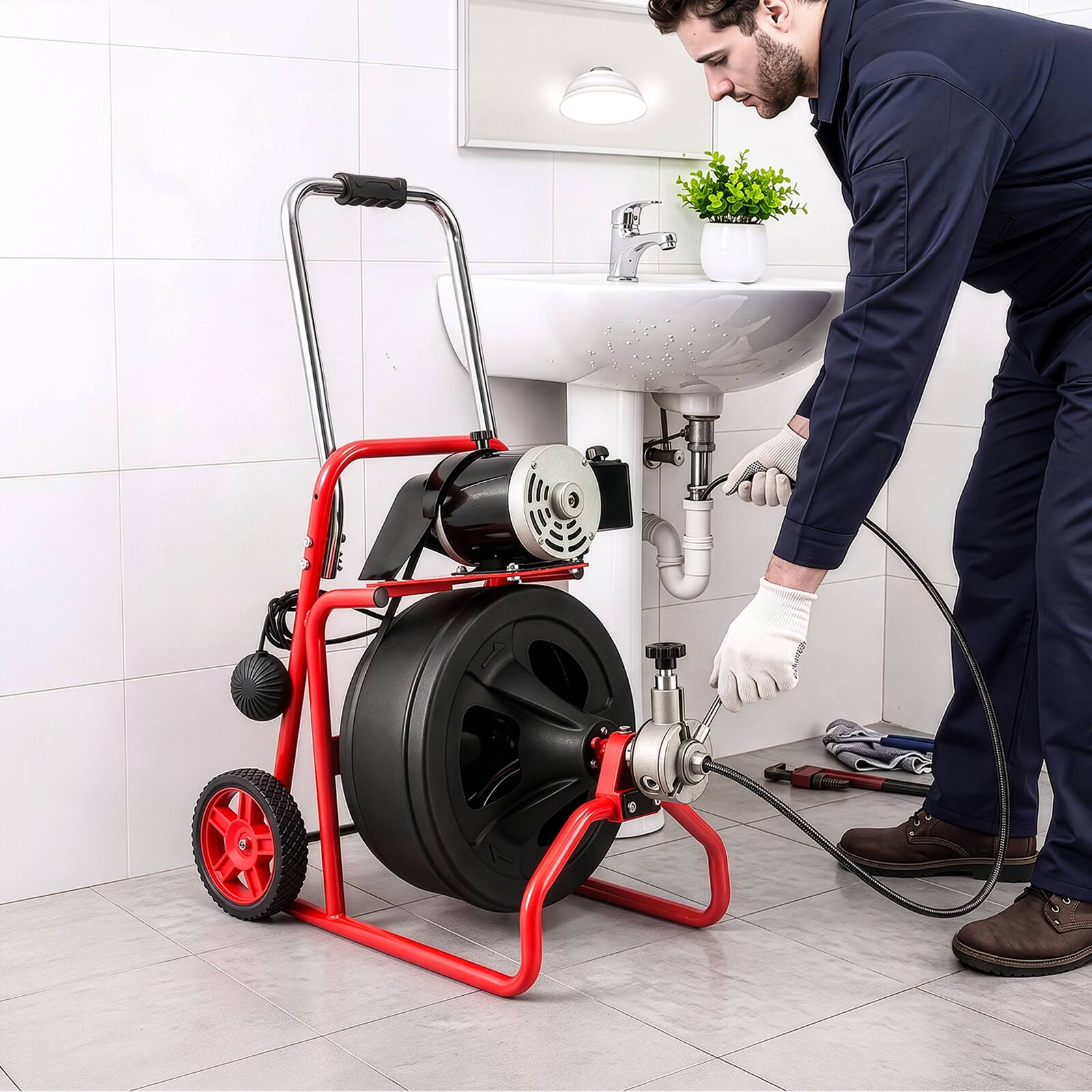 Alt View 6. Winado - 100 FT x 1/2 Inch Drain Cleaner Machine Auger Cleaning Auto Feed with Wheels, 8 Cutters, Gloves, Foot Switch for Drains - Red & Black.