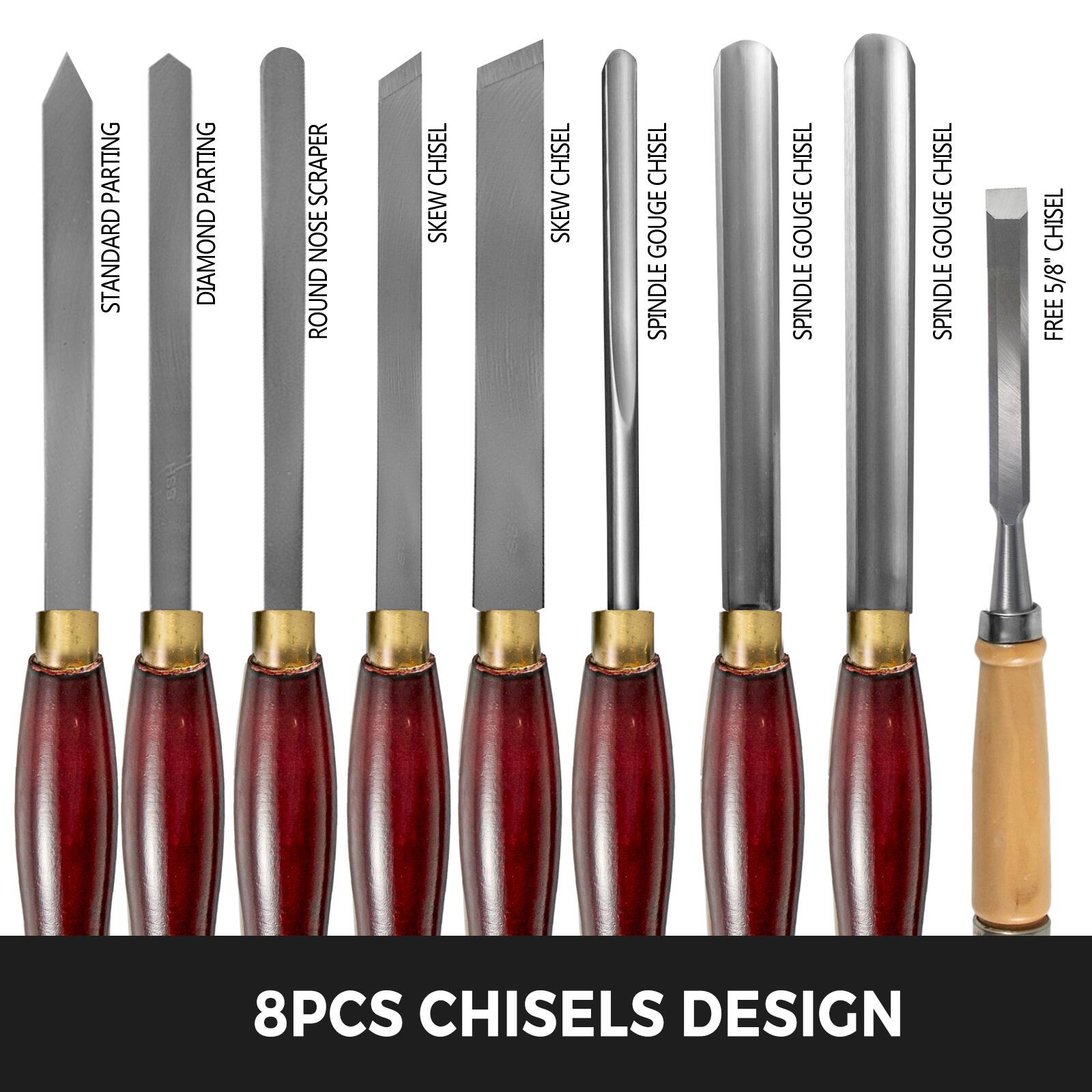 PARTING STANDARD  
PARTING DIAMOND  
SCRAPER NOSE ROUND  
CHISEL SKEW  
CHISEL SKEW  
CHISEL GOUGE  
SPINDLE CHISEL  
GOUGE SPINDLE  
CHISEL GOUGE  
SPINDLE CHISEL  
5/8" FREE  
8PCS CHISELS DESIGN