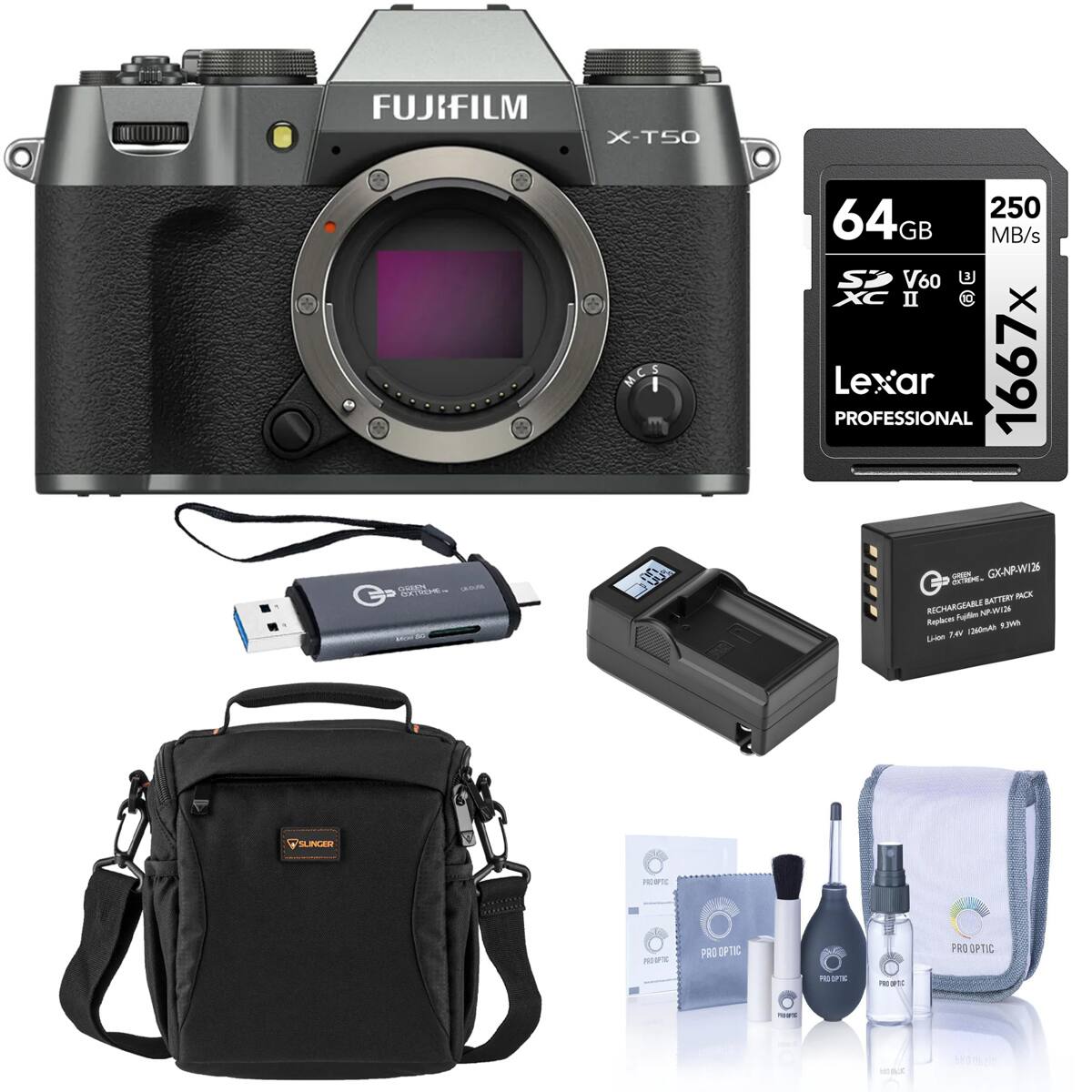 FUJIFILM X-T50  
64GB SDXC II 250 MB/s V60 Lexar PROFESSIONAL 1667x  
GX-NRW126 Rechargeable Battery Pack  
SLINGER Backpack  
PRO OPTIC Cleaning Kit