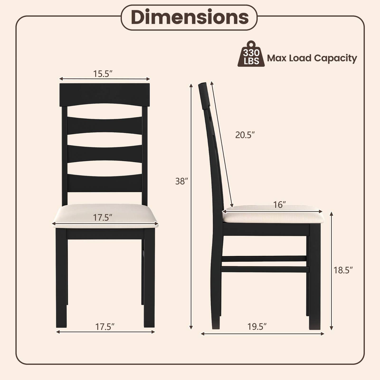 Dimensions:  
- 15.5"  
- 330 LBS Max Load Capacity  
- 20.5"  
- 38"  
- 17.5"  
- 16"  
- 18.5"  
- 17.5"  
- 19.5"
