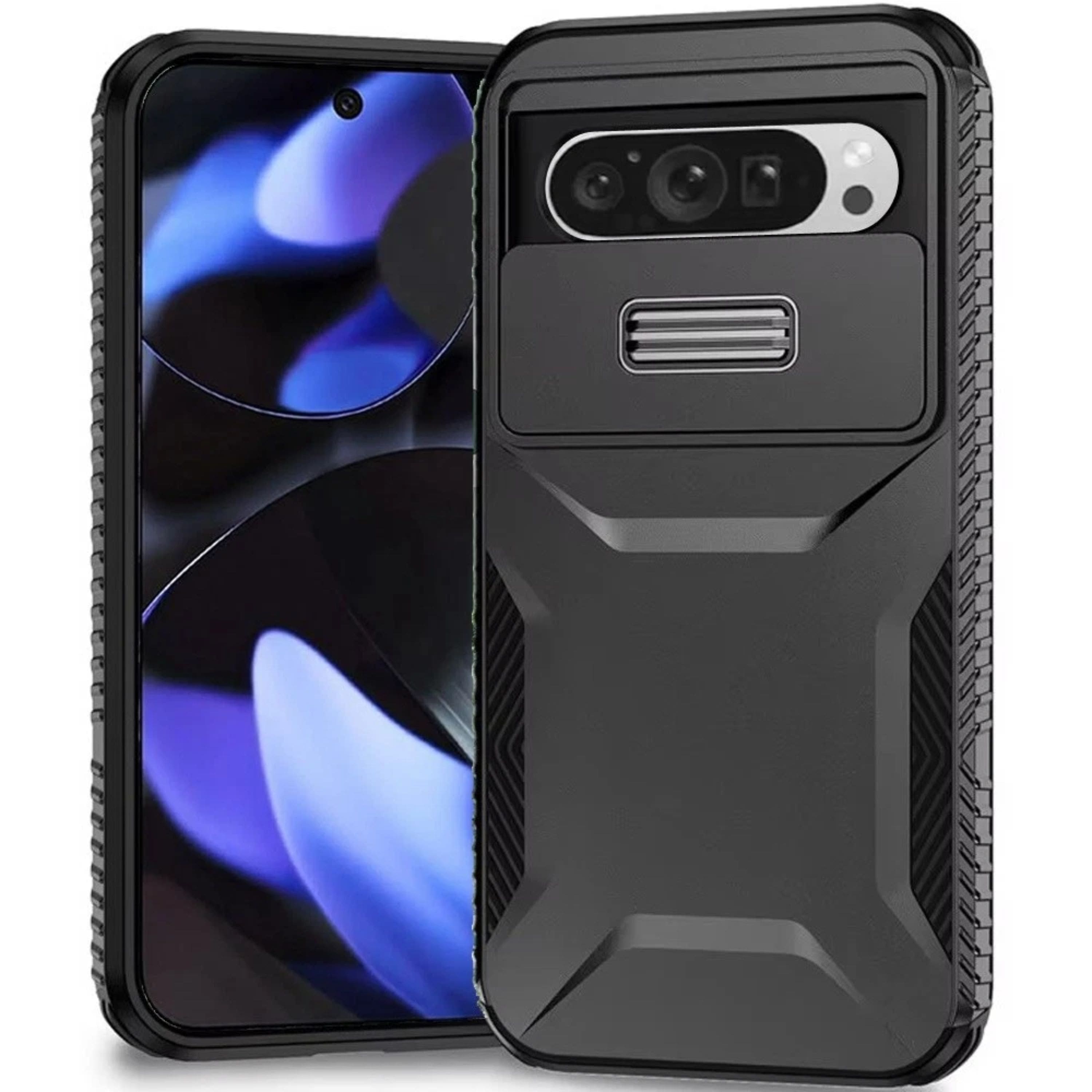 Kitcheniva - Rugged Grip Sliding Lens Cover Plus Tempered Glass For Google Pixel 10/10 Pro - Black
