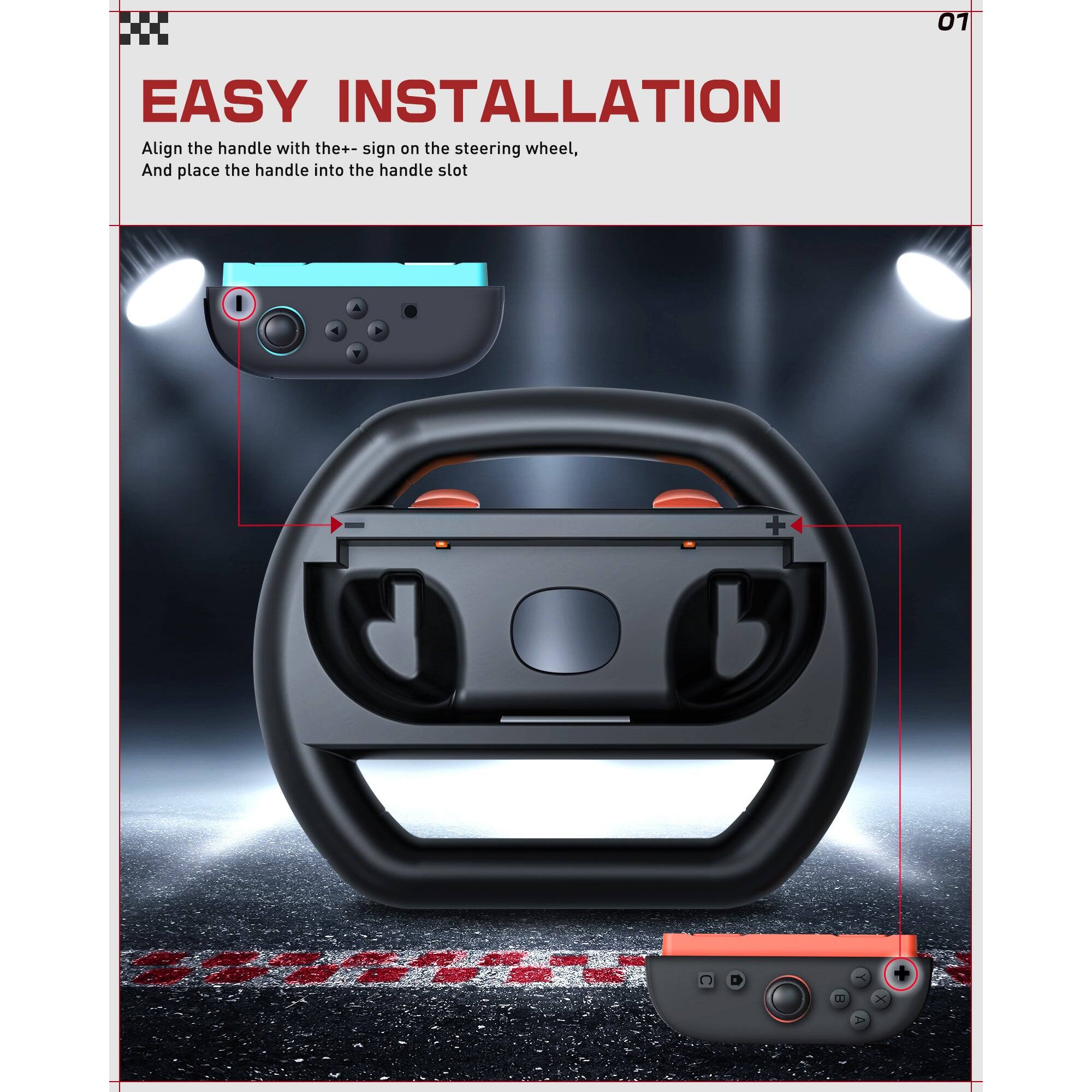 01 EASY INSTALLATION  
Align the handle with the "+" sign on the steering wheel, and place the handle into the handle slot.