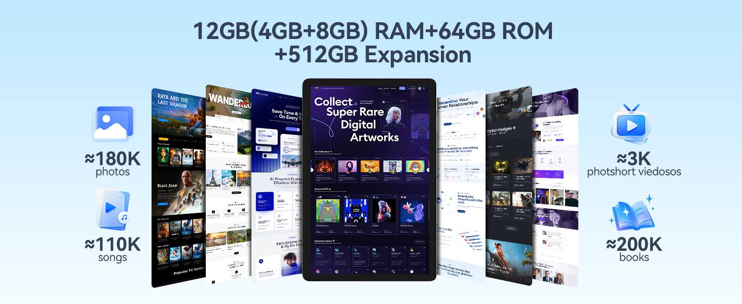 12GB (4GB+8GB) RAM+64GB ROM +512GB Expansion

180K photos
110K songs
3K photoshort videos
200K books

Raya and the Last Dragon
Wander
Collect Super Rare Digital Artworks
AI and AIom Churina
With Your Prcamline Relationships
Aimer DylanHodges
WtrIN everottuing
~3K photoshort videos
Santerdy ts
Fm F
Berlen Popular
Airtyme
My for Ld & WTtN
daas