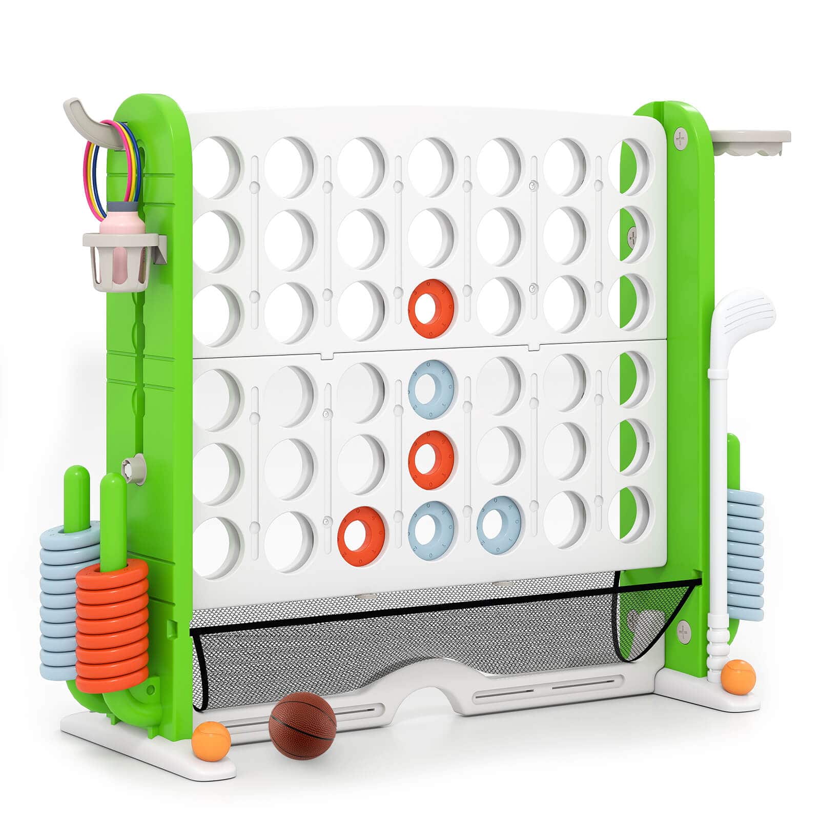 Costway - Giant 4-in-a-Row Game Set with Ring-toss, Basketball Hoop, Golf Club & Cup Holders - Green,White