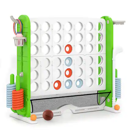Front. Costway - Costway Giant 4-in-a-Row Game Set with Ring-toss, Basketball Hoop, Golf Club & Cup Holders - Green,White.
