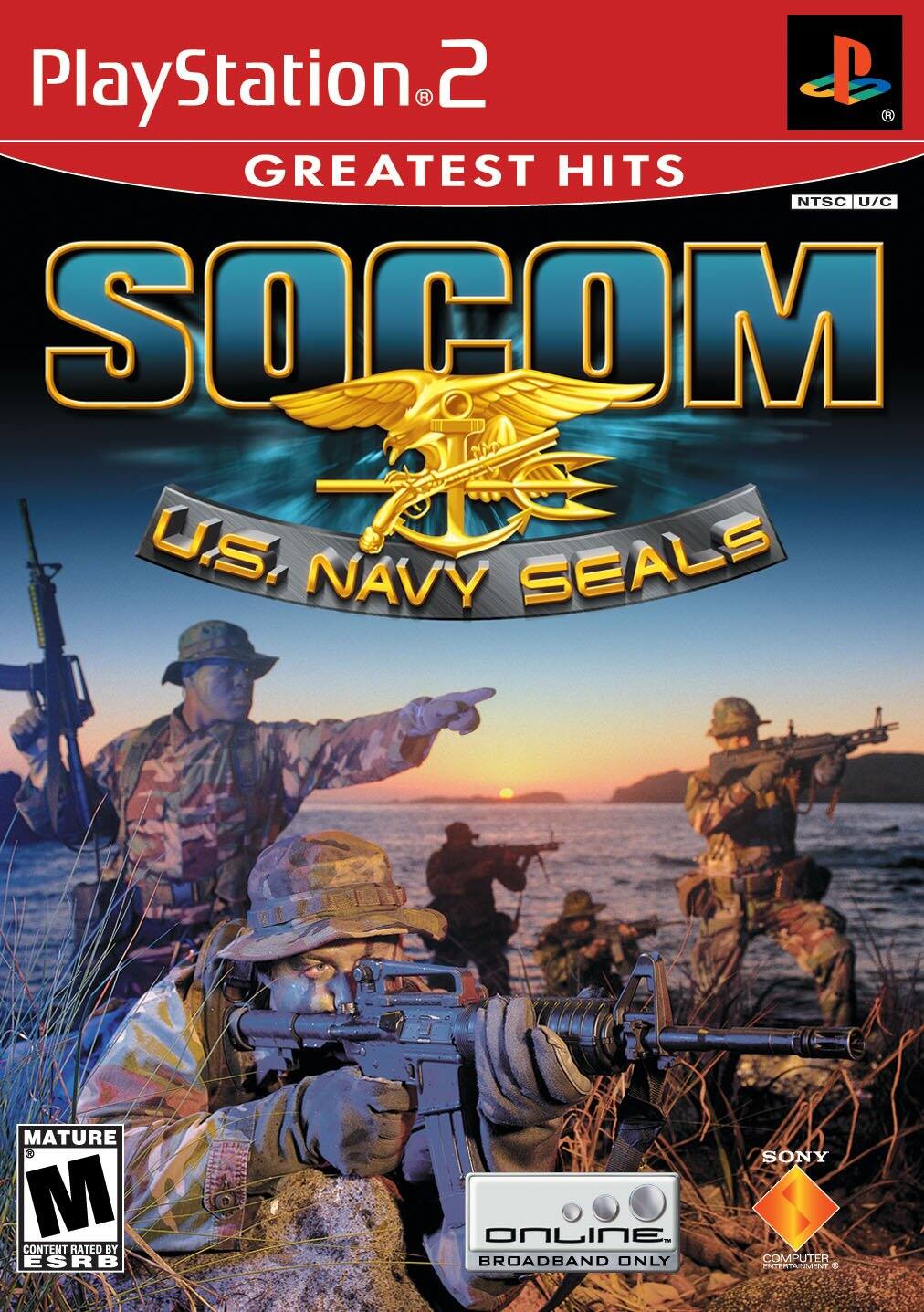 PlayStation 2  
Greatest Hits  
SOOM  
U.S. Navy Seals  
NTSC U/C  
Mature 17+  
Content Rated by ESRB  
Online Broadband Only  
Sony Computer Entertainment - T (Teen 13+)
