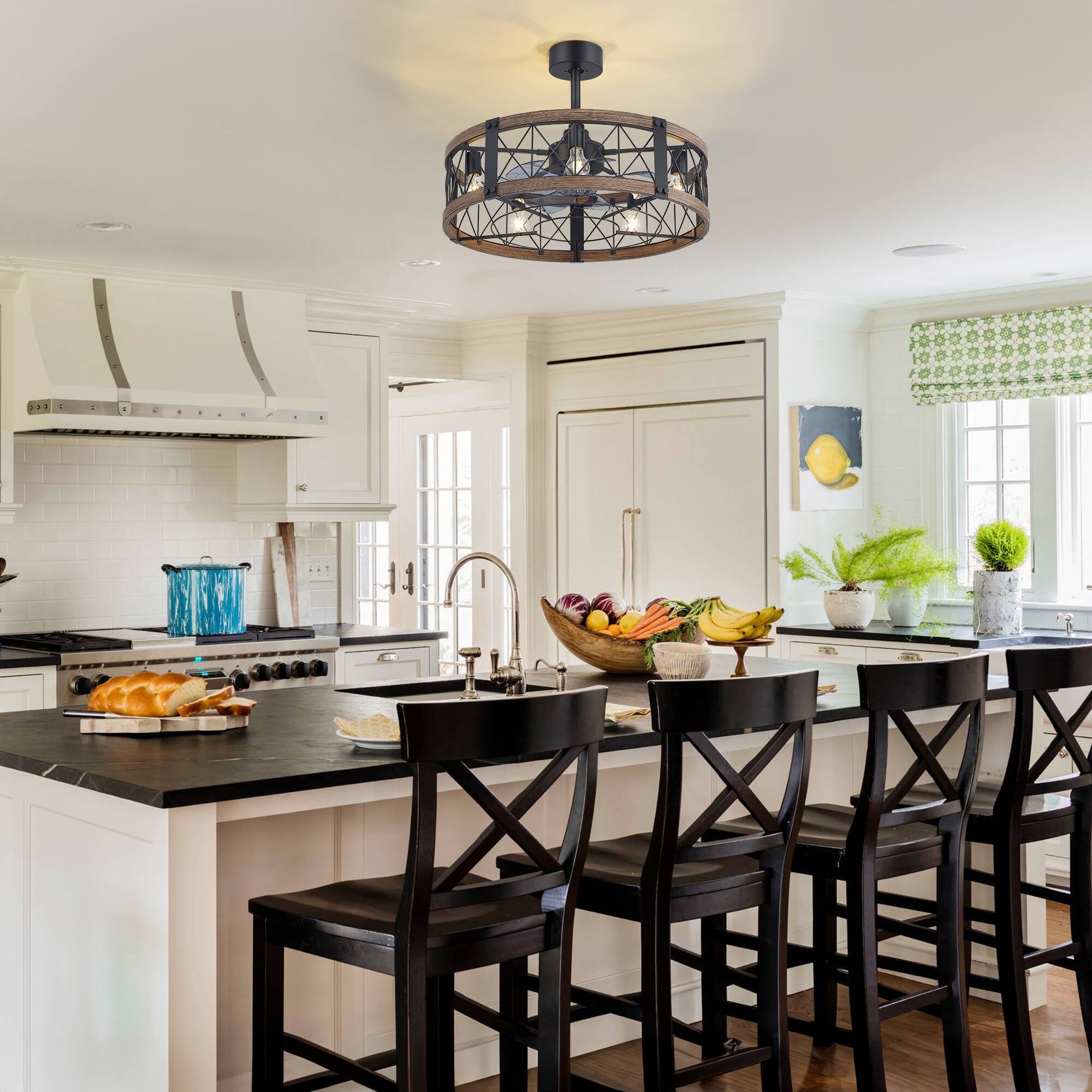 Alt View 2. Breezary - 28-Inch Ceiling Fan with 7 ABS Blades, 5-Light Cage Design, DC Motor, Reversible Mode, Timer, Remote, Downrod Mount - Black and White Oak.