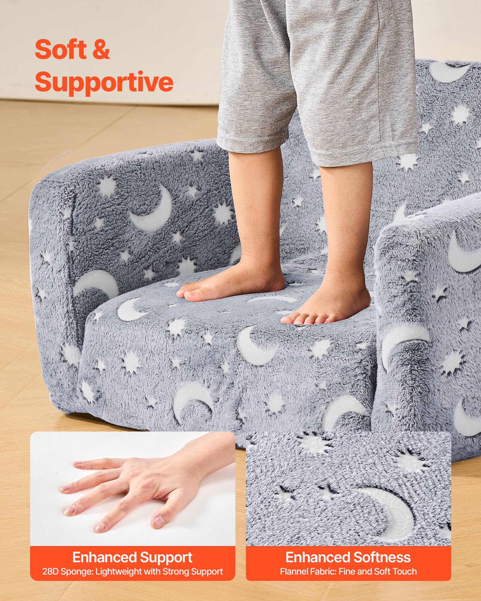 Soft & Supportive

Enhanced Support  
28D Sponge: Lightweight with Strong Support

Enhanced Softness  
Flannel Fabric: Fine and Soft Touch