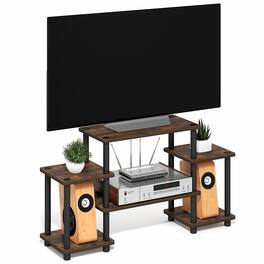 Furinno - TURN-N-TUBE TV Stand, Entertainment Center with Open Shelves, Toolless TV Console with Raised Top for TV up to 32 Inch - Amber Pine/Black